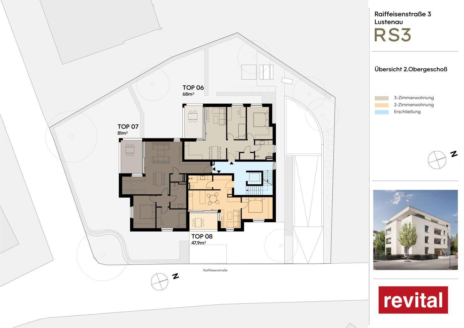 Grundriss des zweiten Obergeschosses mit drei Wohneinheiten und einer Visualisierung des Neubaus.