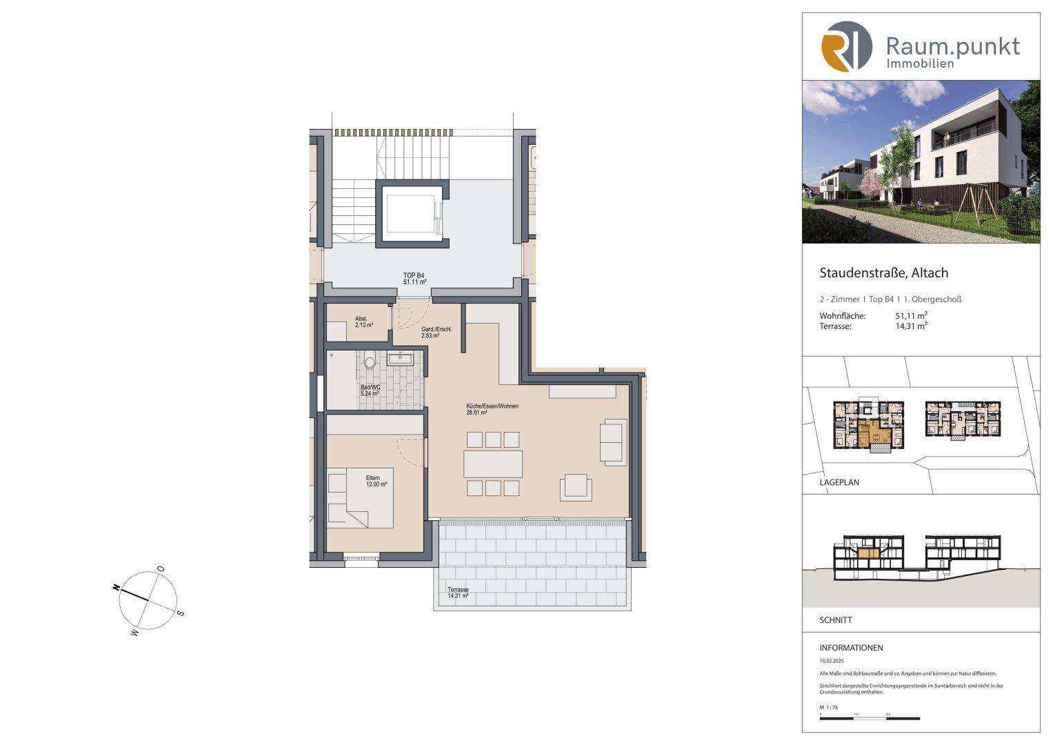 Detaillierter Grundriss einer 2-Zimmer-Wohnung im Obergeschoss mit Terrasse und offenem Wohnbereich.