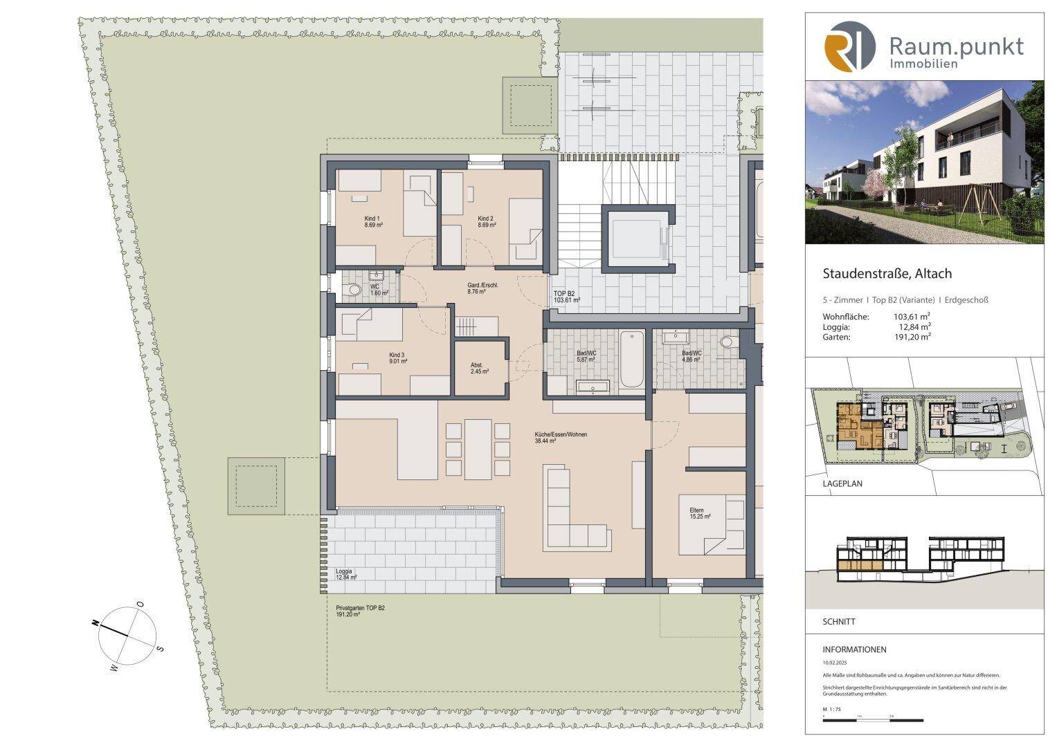 Detaillierter Grundriss einer 5-Zimmer-Wohnung mit Loggia und Gartenanteil.