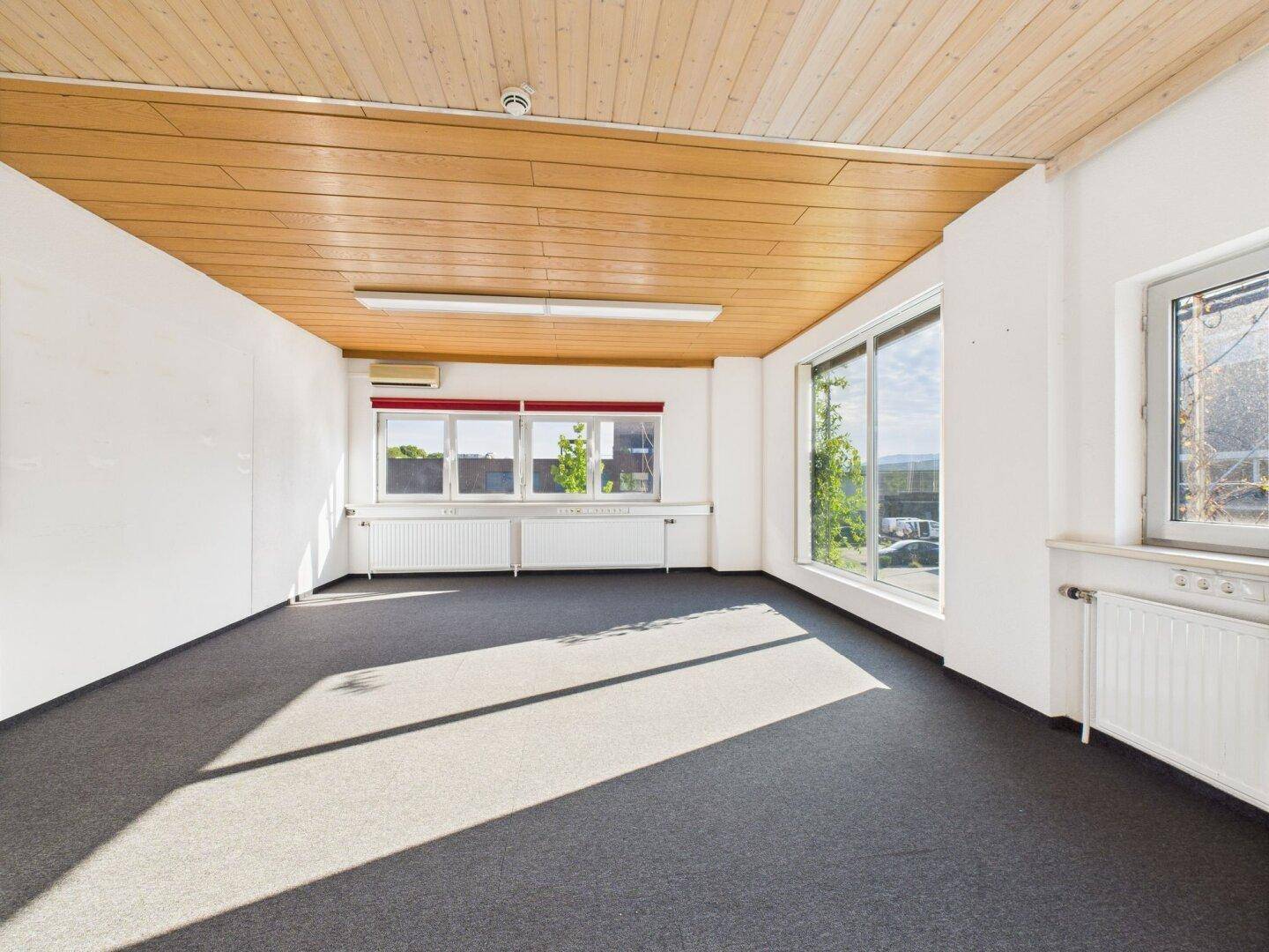 Heller Büroraum mit dunklem Teppichboden, Holzlattendecke und großen Fenstern für viel Tageslicht.