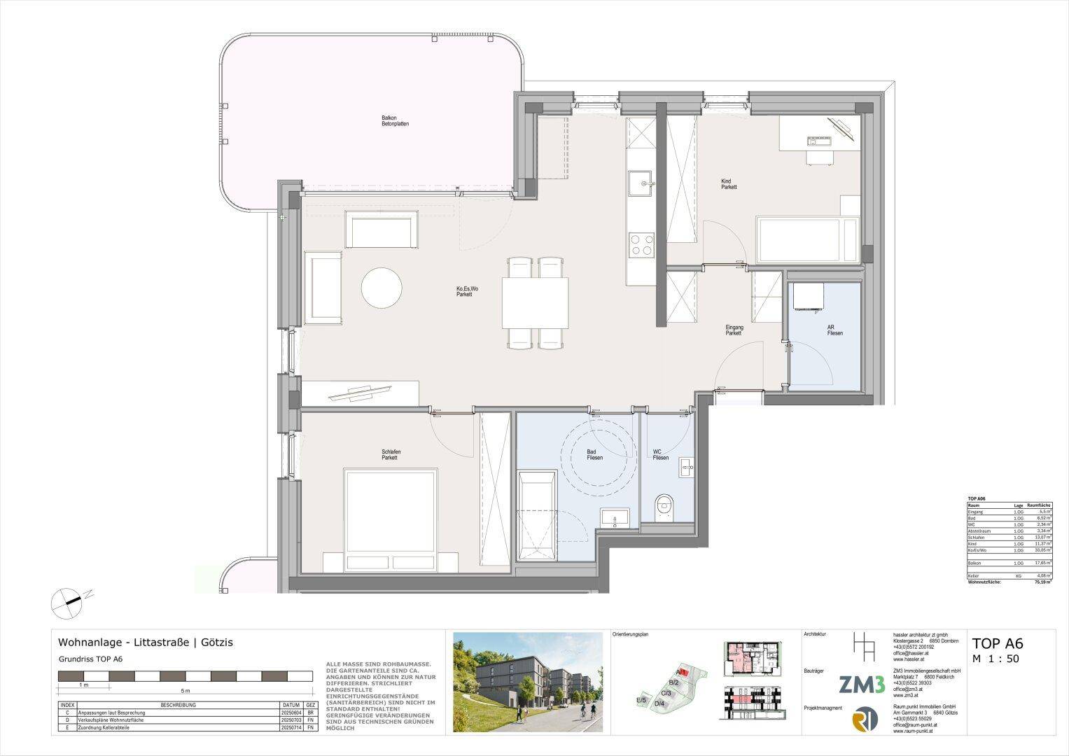 Grundriss einer Wohnung mit offenem Wohnbereich, zwei Schlafzimmern, Bad, separatem WC und großem Balkon.