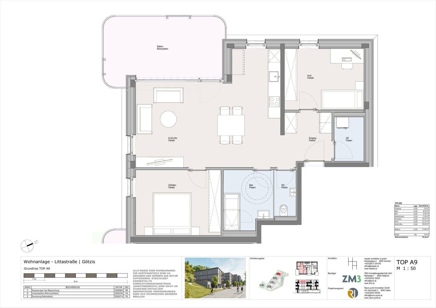 Grundriss einer modernen Wohnung mit offenem Wohnbereich, zwei Schlafzimmern, zwei Bädern und Balkon.