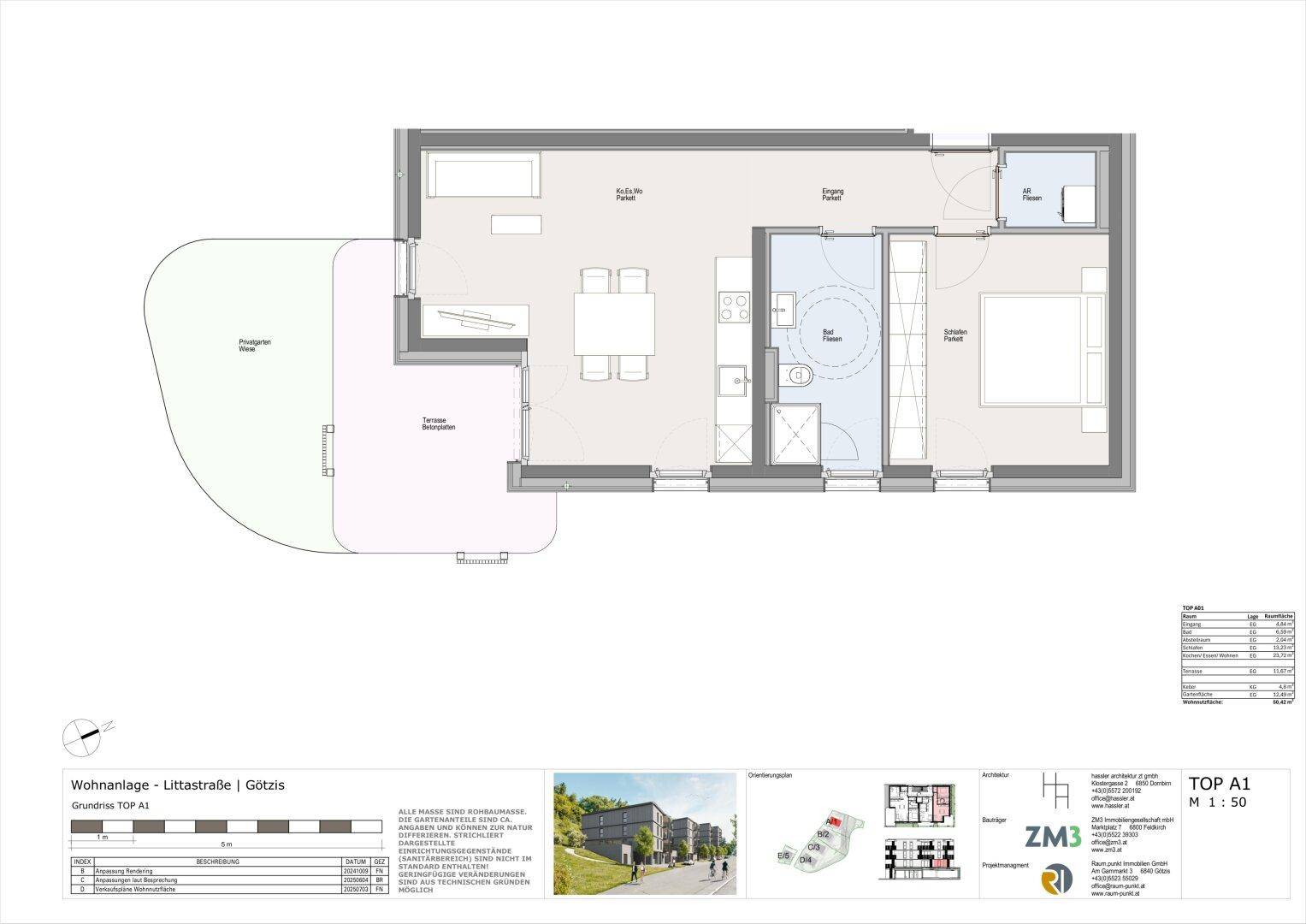 Grundriss zeigt einen offenen Wohnbereich mit Küche, Schlafzimmer, Bad und einer Terrasse mit Privatgarten.