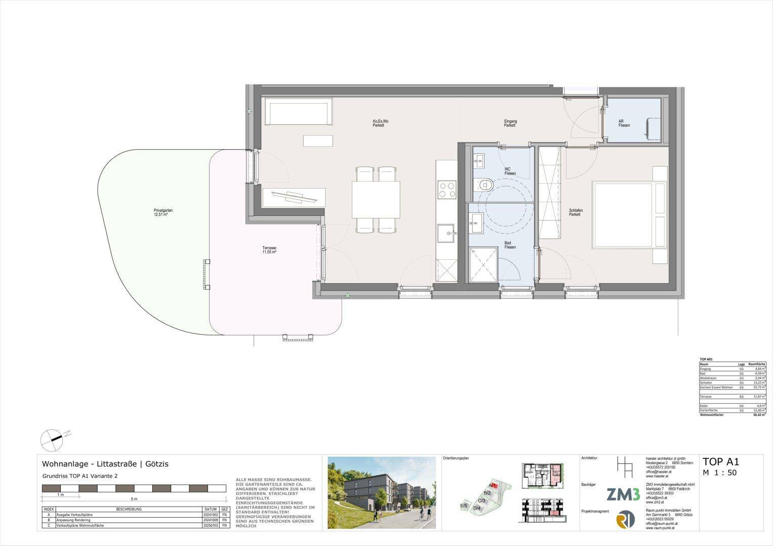 Grundriss zeigt einen offenen Wohnbereich mit Küche, Schlafzimmer, Bad und einer Terrasse mit Privatgarten.