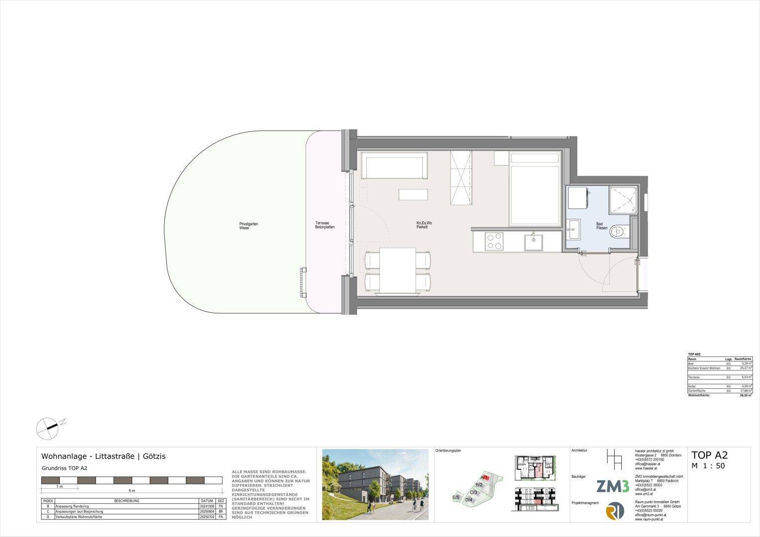Grundriss einer Wohnung mit offenem Wohnbereich, Schlafzimmer, Bad und großer Terrasse mit Gartenanteil.