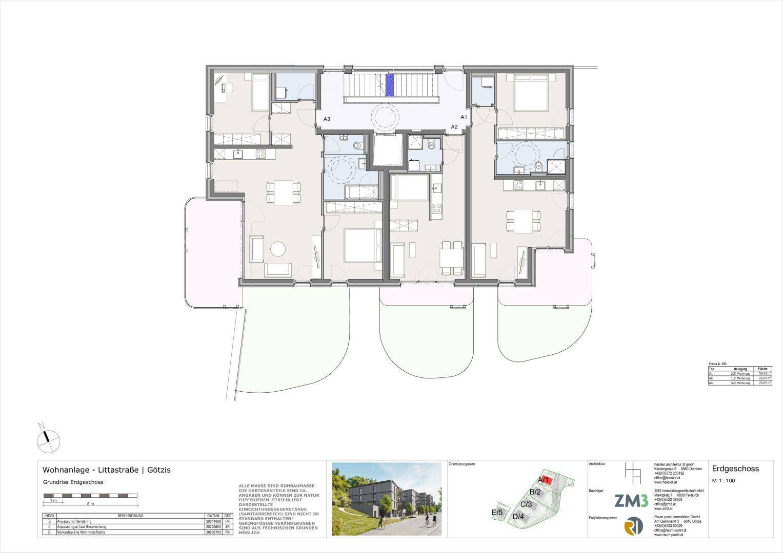 Grundriss des Erdgeschosses einer Wohnanlage mit mehreren Wohneinheiten, jeweils mit Terrasse und Gartenanteil.