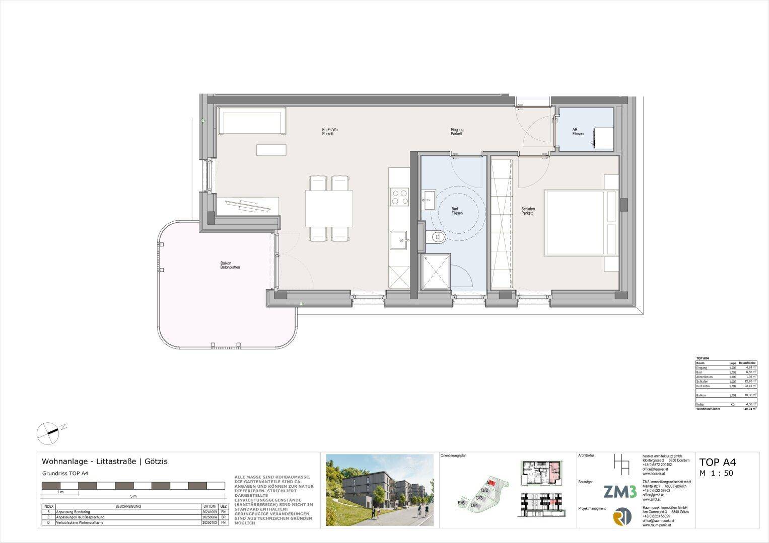 Grundriss einer Wohnung mit offenem Wohnbereich, Schlafzimmer, Bad und Balkon.