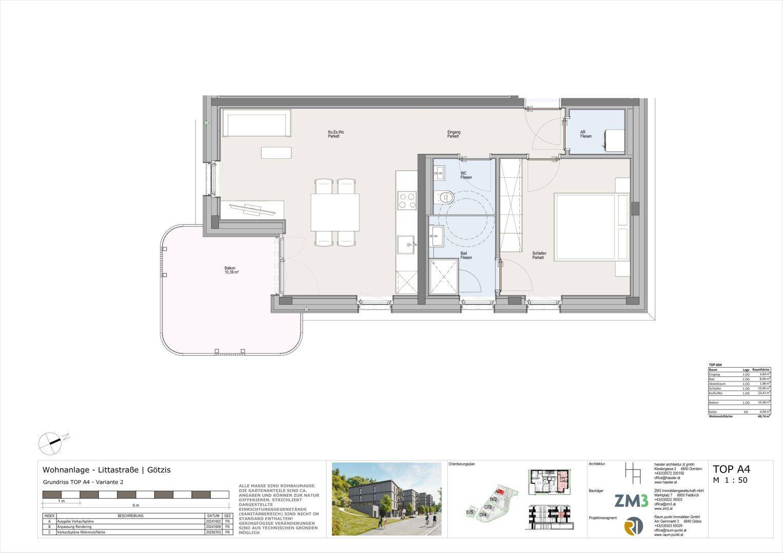 Grundriss einer Wohnung mit offenem Wohnbereich, Schlafzimmer, Bad und Balkon.