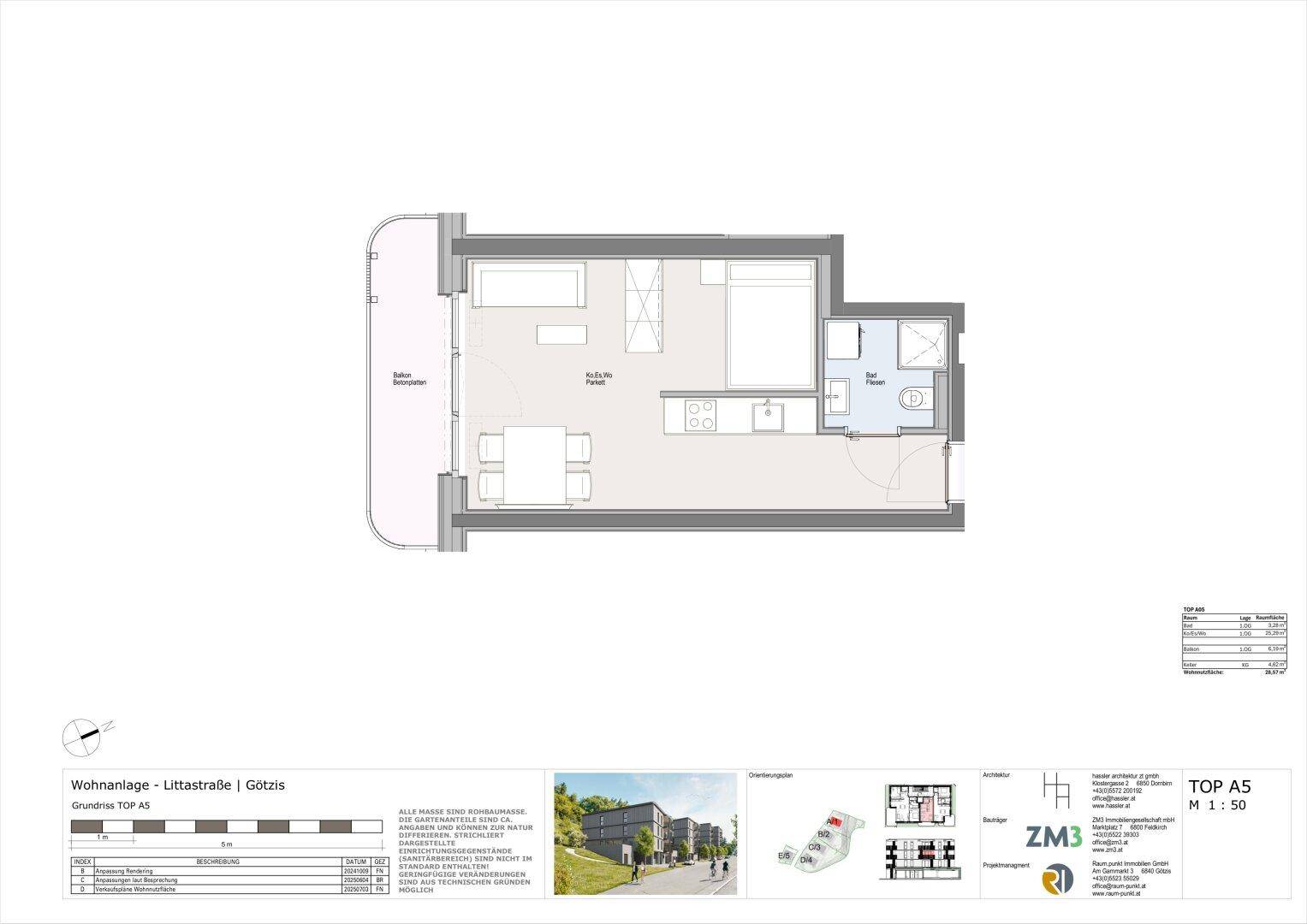 Grundriss einer Wohnung mit offenem Wohn-Essbereich, integrierter Küche, Schlafzimmer, Bad mit Dusche und Balkon.