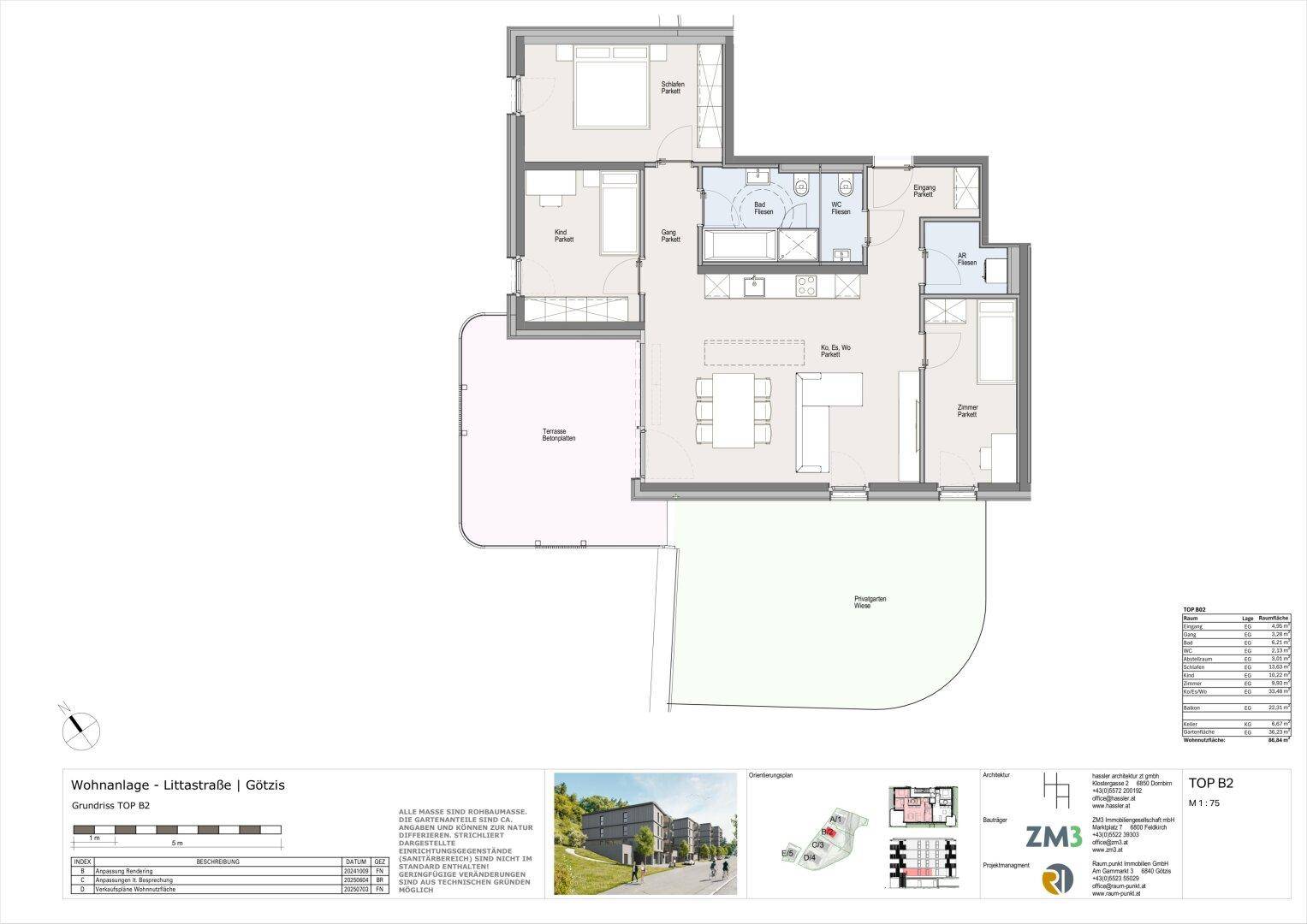 Dieser Grundriss zeigt eine moderne Wohnung mit offenem Wohn-Essbereich, zwei Schlafzimmern, Bad, separatem WC, Terrasse und Privatgarten.