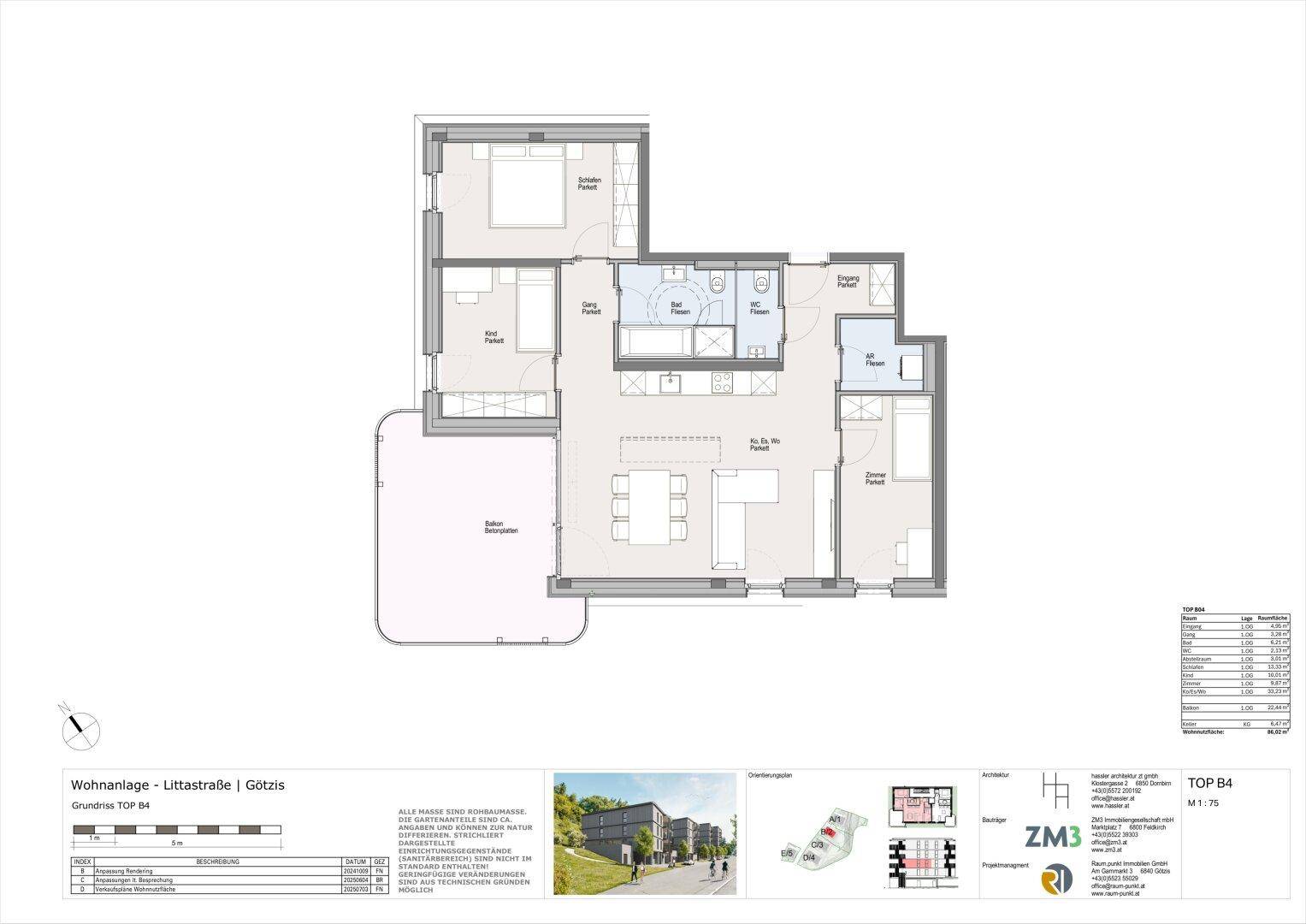 Grundriss einer modernen Wohnung mit offenem Wohnbereich, zwei Schlafzimmern, Badezimmer und großem Balkon.