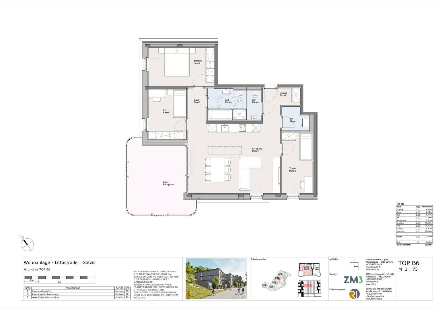 Grundriss einer Wohnung mit offenem Wohnbereich, drei Schlafzimmern, einem Bad und separatem WC sowie einem Balkon.