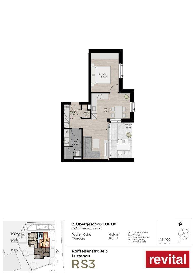Grundriss einer 2-Zimmer-Wohnung im 2. Obergeschoss mit Terrasse und offenem Wohnbereich.