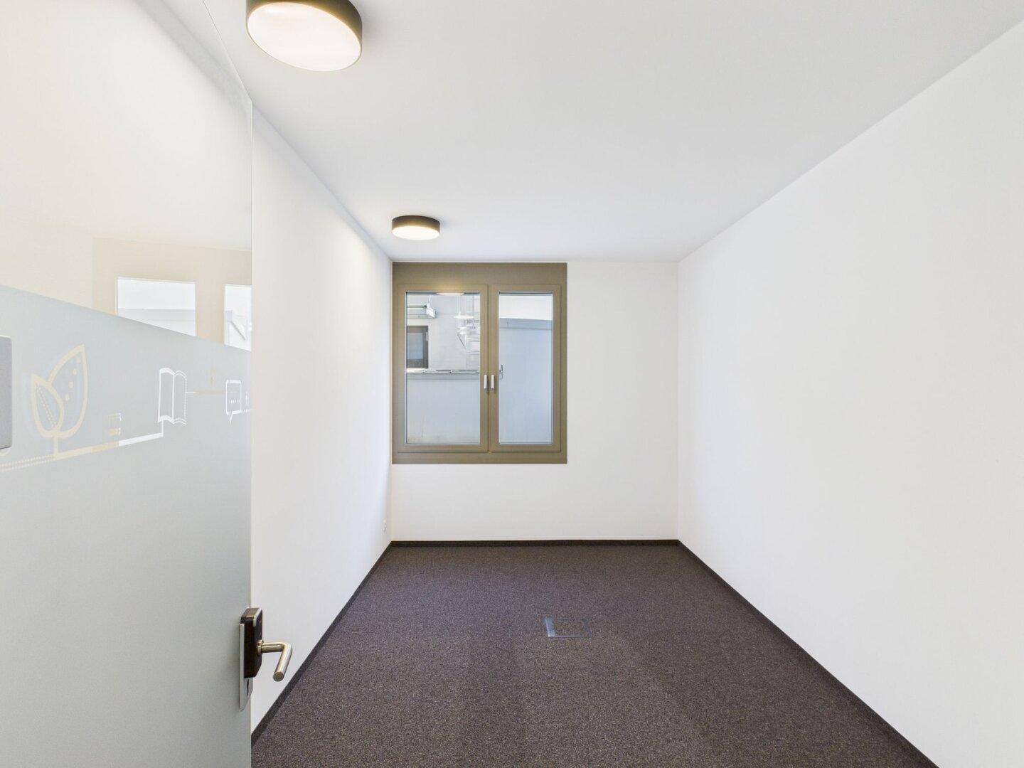Leerer Büroraum mit Teppichboden, einem Fenster und einer modernen Glastür.