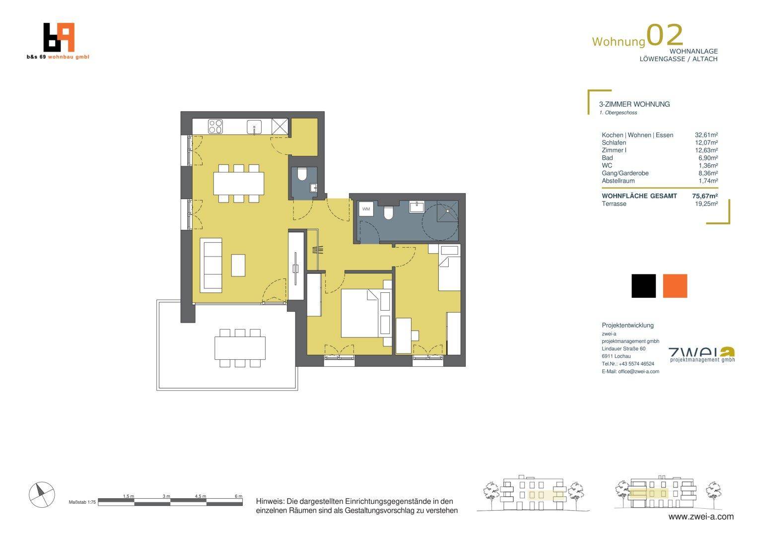 Grundriss der Wohnung 02 mit offenem Wohnbereich, Schlafzimmer und großer Terrasse.