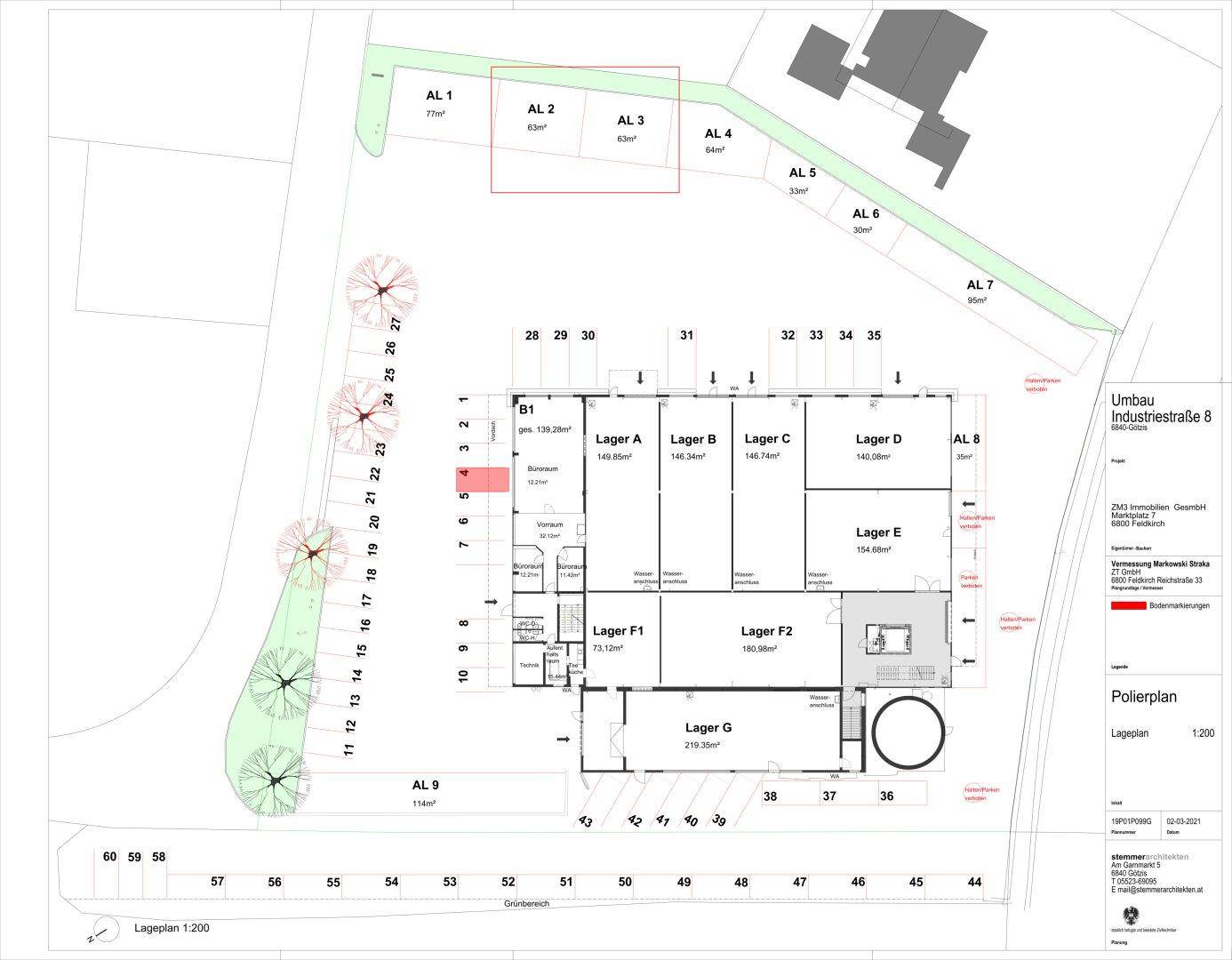 Polierplan des Erdgeschosses mit Lagerbereichen und Außenstellplätzen für Fahrzeuge.
