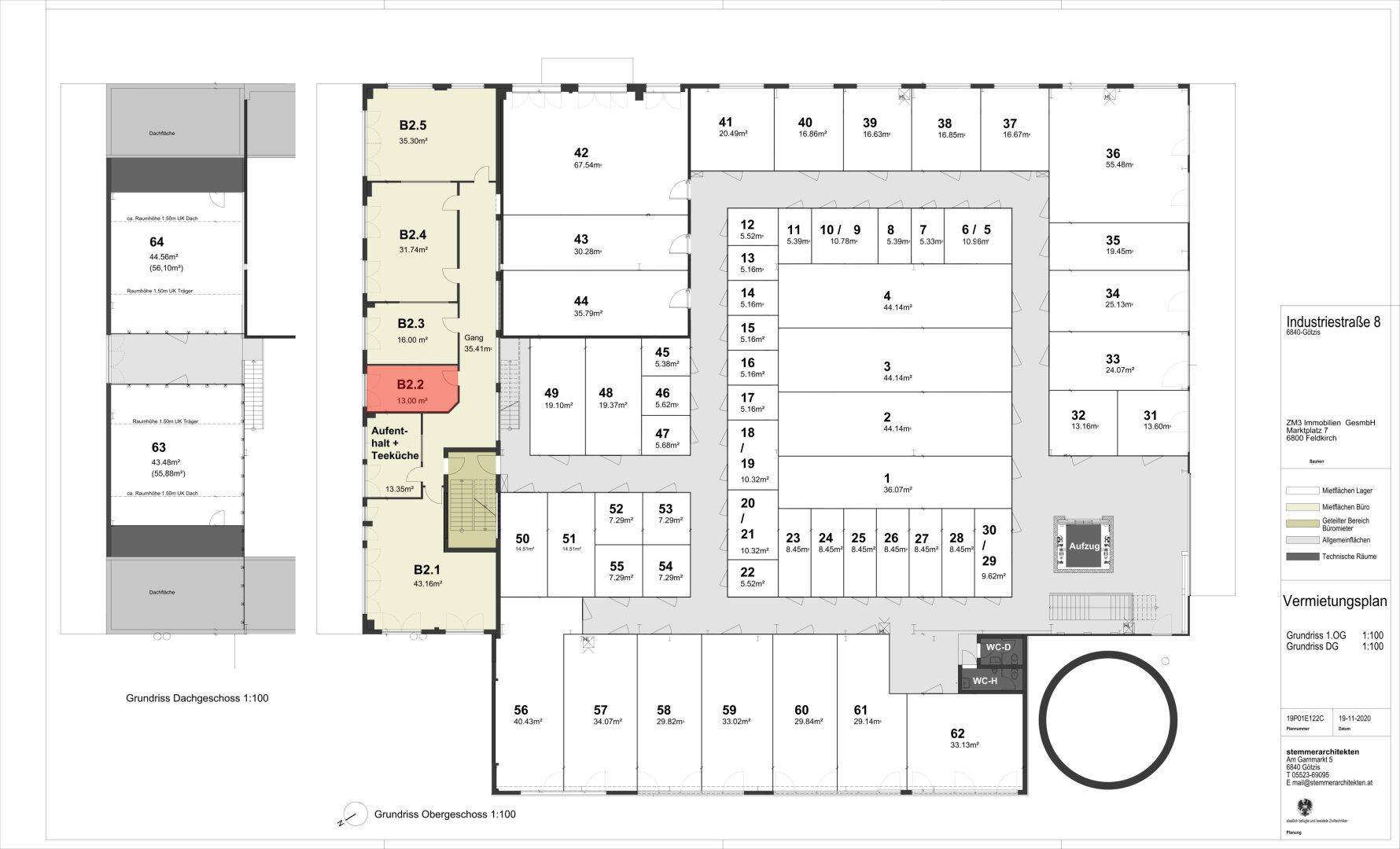 Detaillierter Vermietungsplan des Obergeschosses mit verschiedenen Büroeinheiten und Lagerflächen.