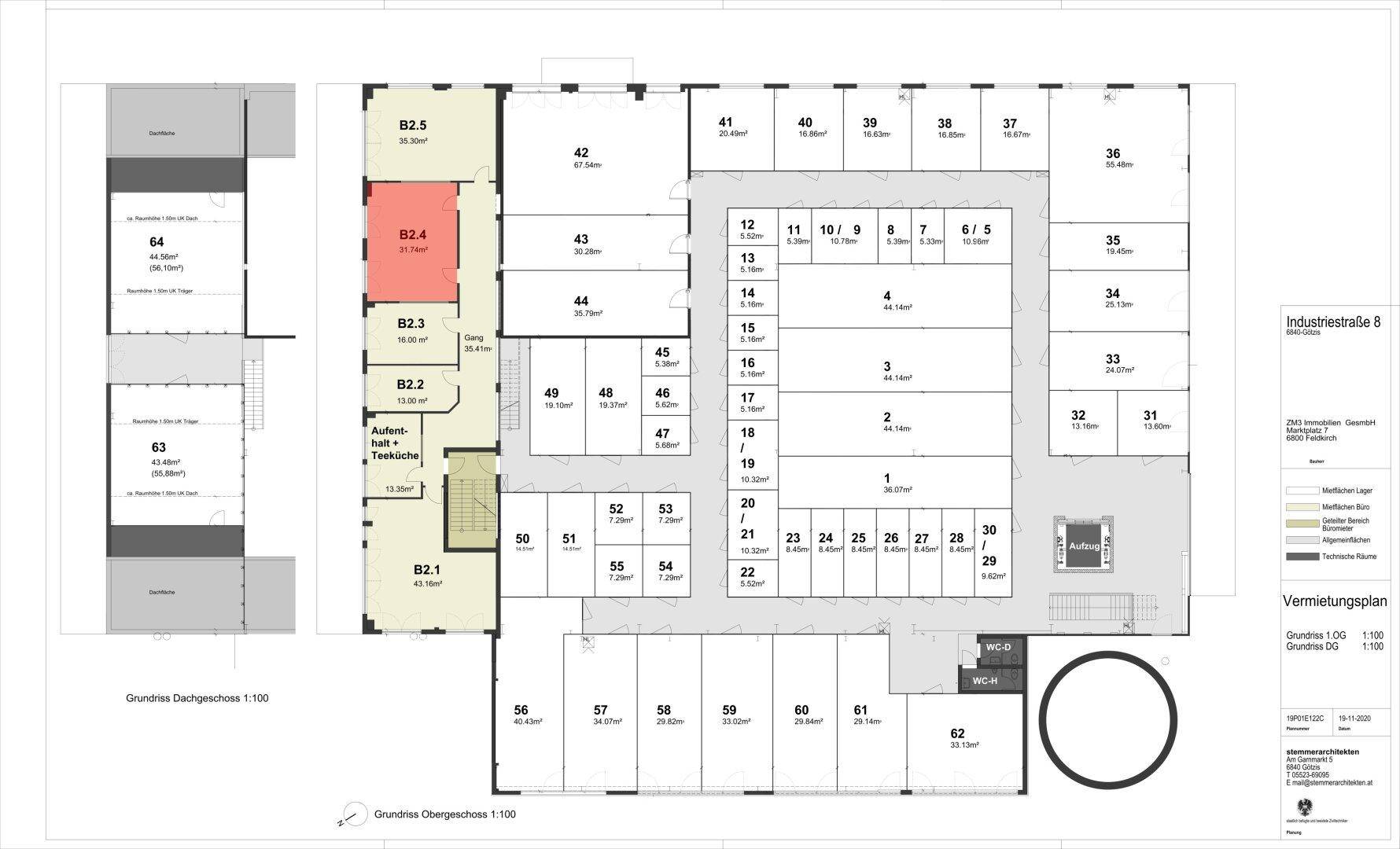 Detaillierter Vermietungsplan des Obergeschosses mit verschiedenen Büroeinheiten und Lagerflächen.