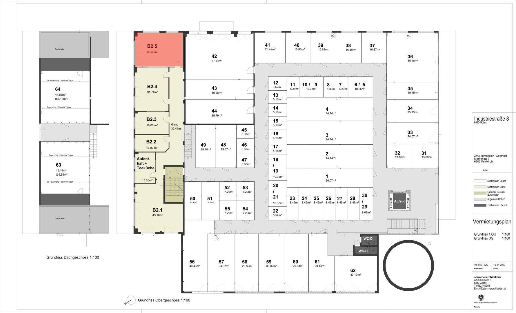 Dieser Grundriss zeigt mehrere Gewerbeeinheiten, einige rot und gelb hervorgehoben, mit einem zentralen offenen Bereich und verschiedenen Raumgrößen.