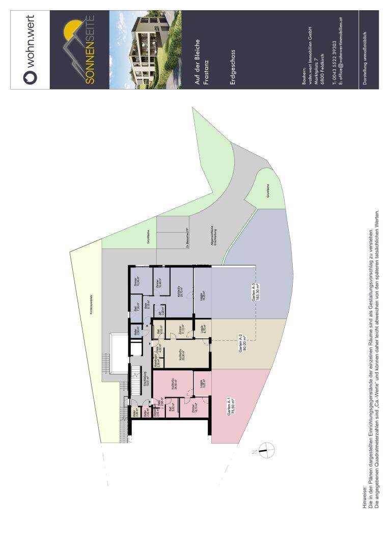 Grundriss des Erdgeschosses mit Gartenbereichen, Terrasse und klarer Raumaufteilung für Wohnen und Schlafen.