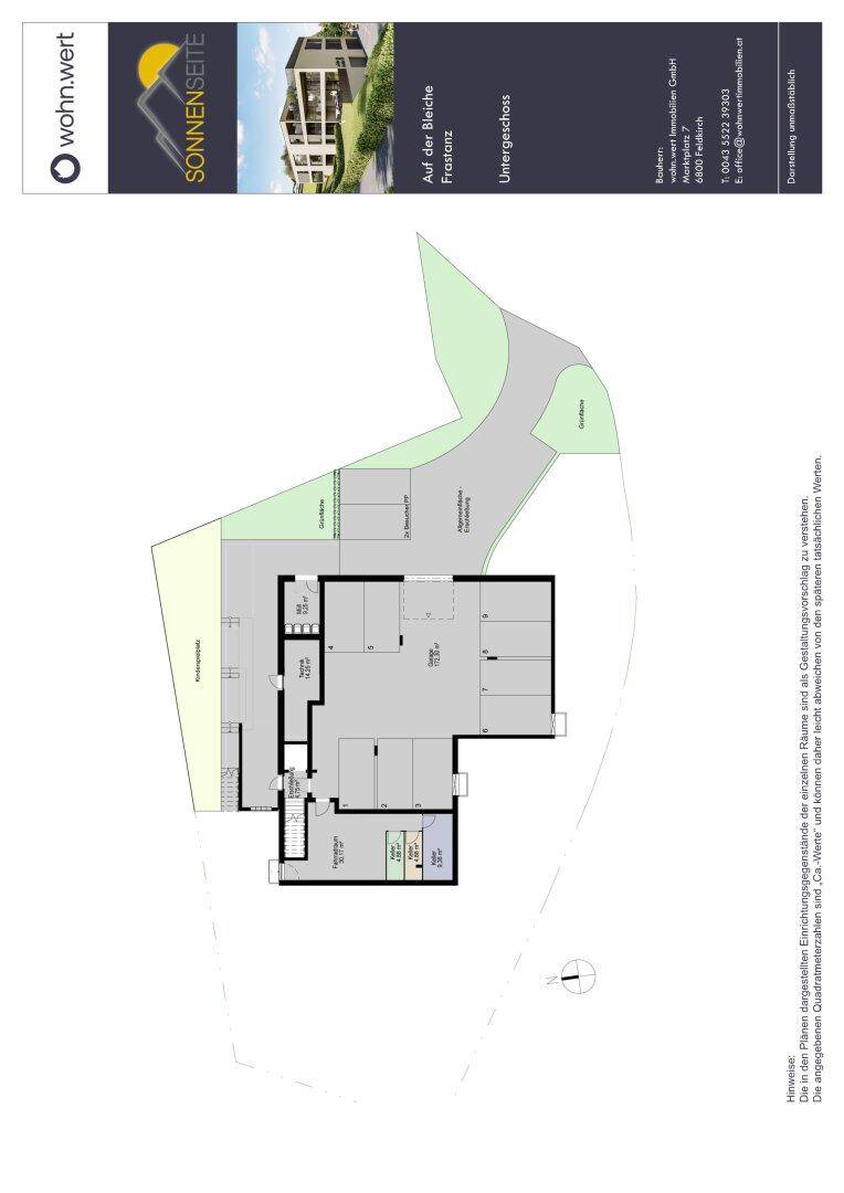 Grundriss des Untergeschosses mit Kellerabteilen, Technikraum und Tiefgaragenstellplätzen für Fahrzeuge.