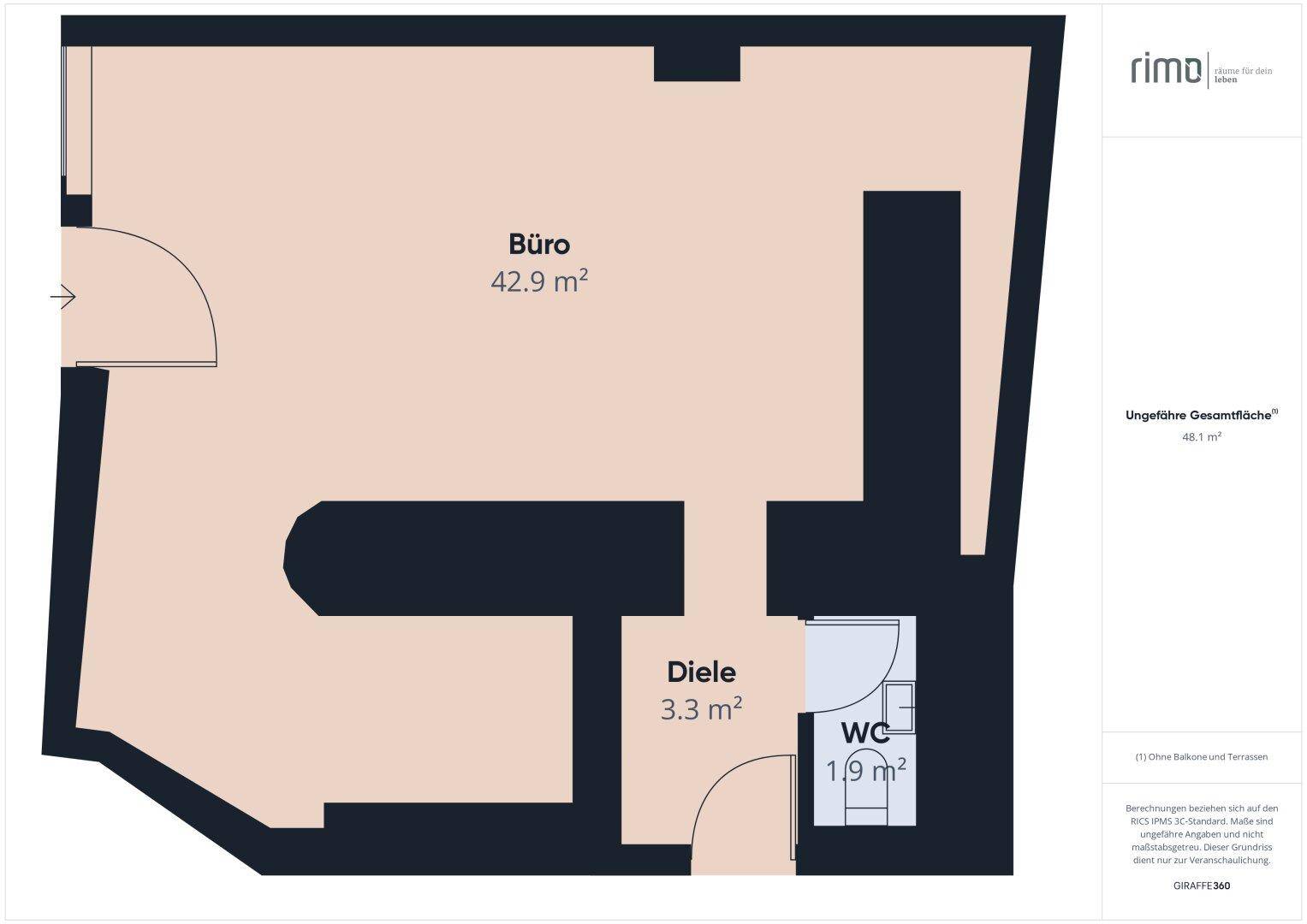 Grundriss zeigt ein Büro, eine Diele und ein WC mit Gesamtfläche von 48.1 m².