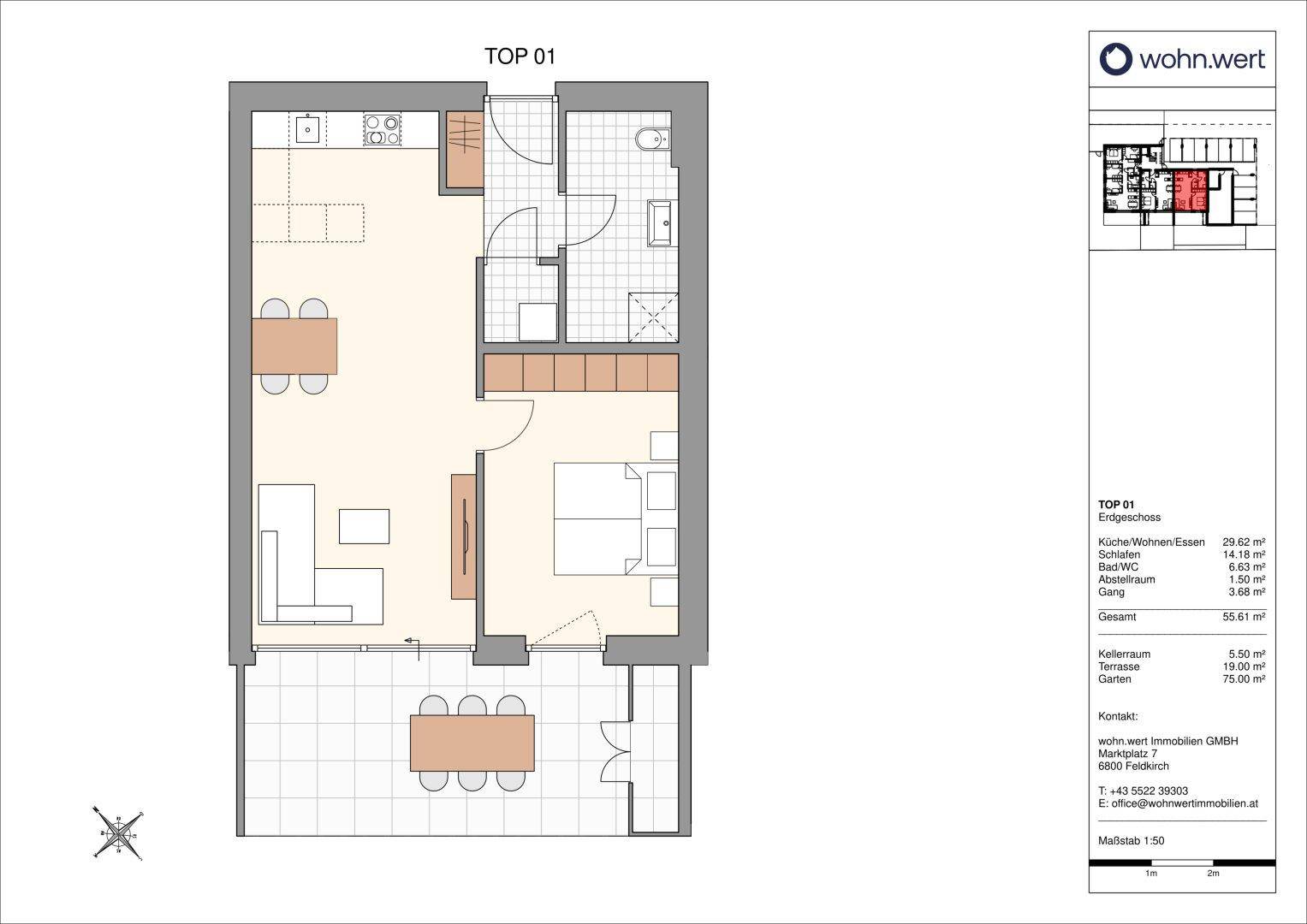 Grundriss der Wohneinheit TOP 01 mit offenem Wohnbereich, Schlafzimmer, Bad und Terrasse.