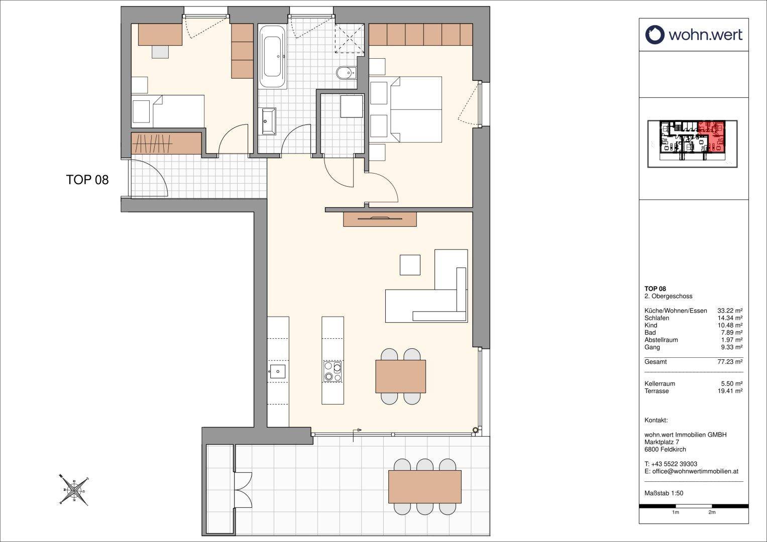 Grundriss der Wohnung TOP 08 im Obergeschoss mit offenem Wohn-Essbereich, Schlafzimmer und großer Terrasse.