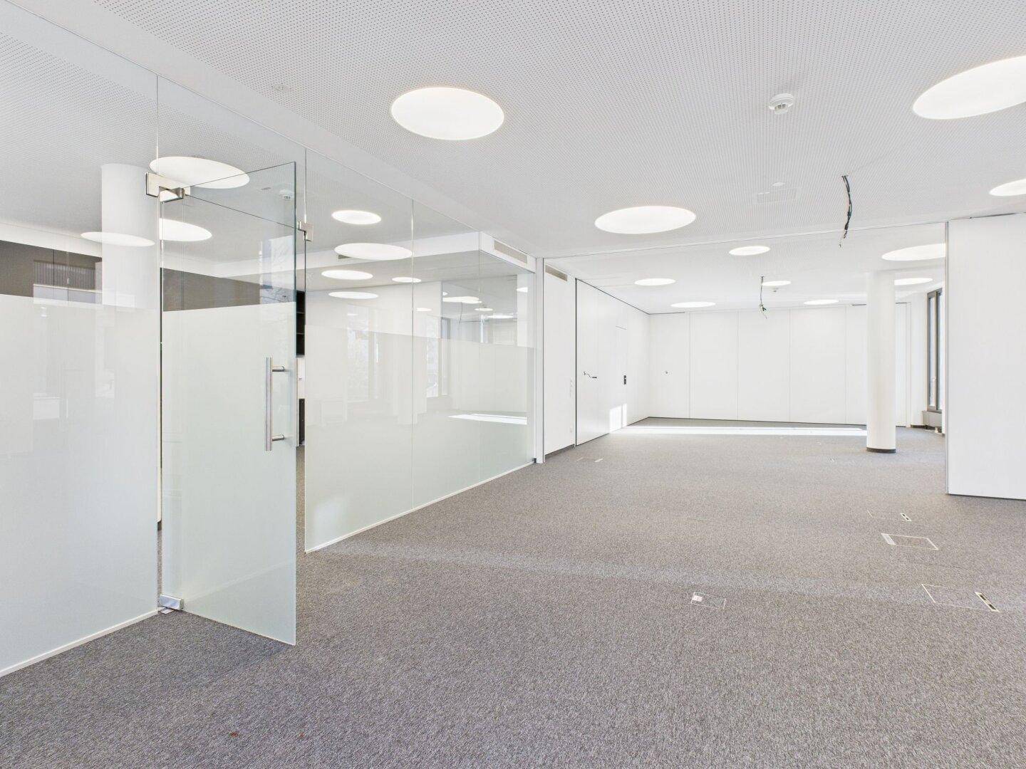 Moderner Büroraum mit Teppichboden, Glaswänden und viel Tageslicht durch die Fenster.