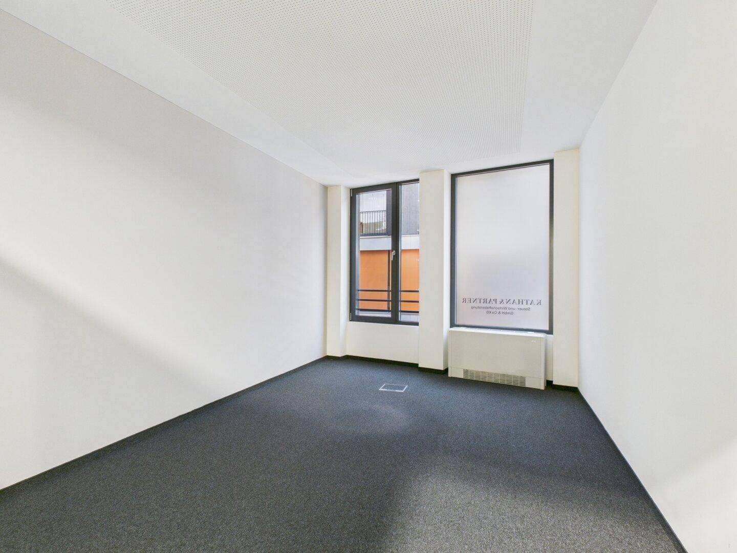 Helles Büro mit Teppichboden und zwei großen Fenstern, die viel natürliches Licht hereinlassen.