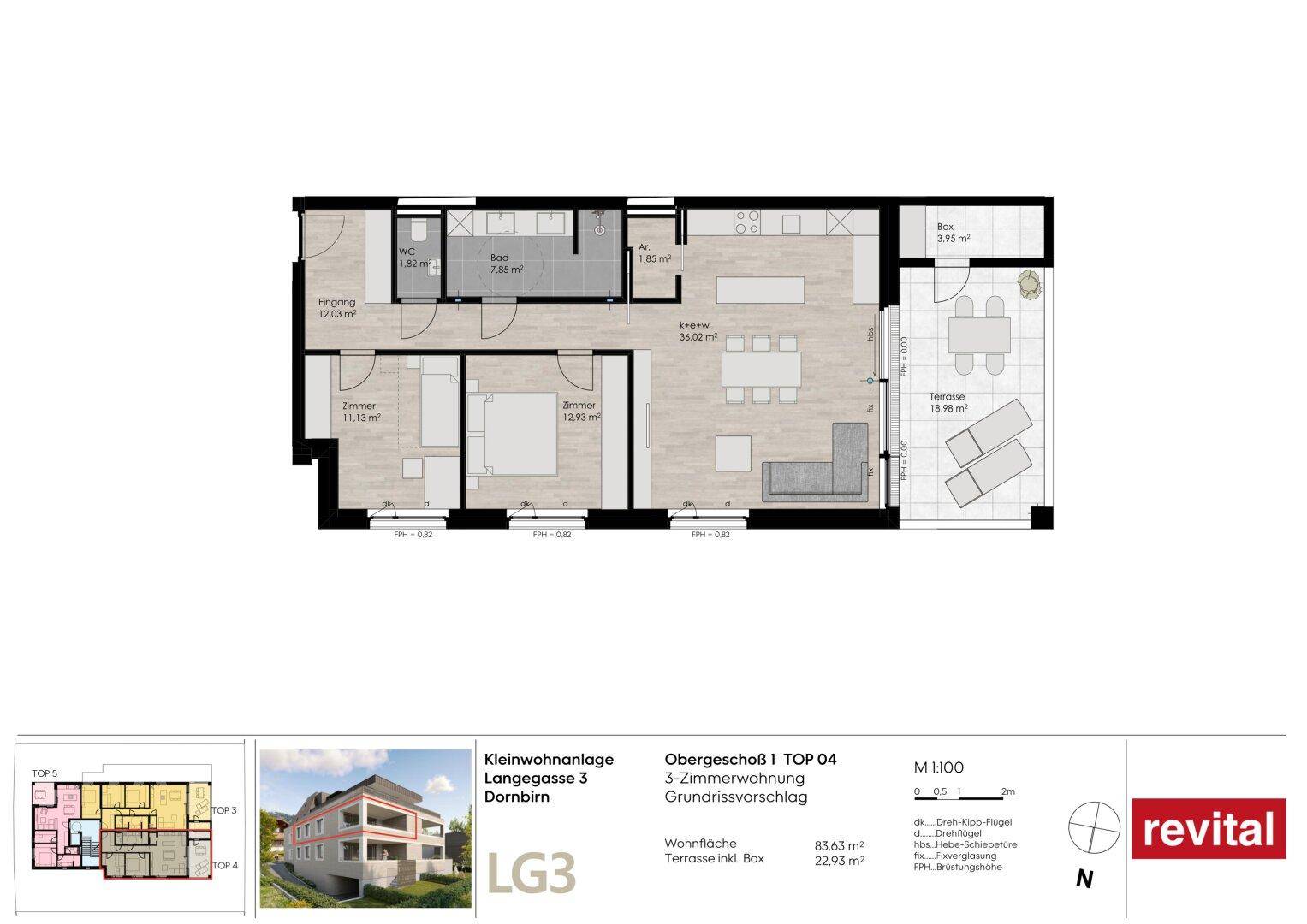 Grundrissvorschlag für eine 3-Zimmer-Wohnung mit offener Küche und großer Terrasse.