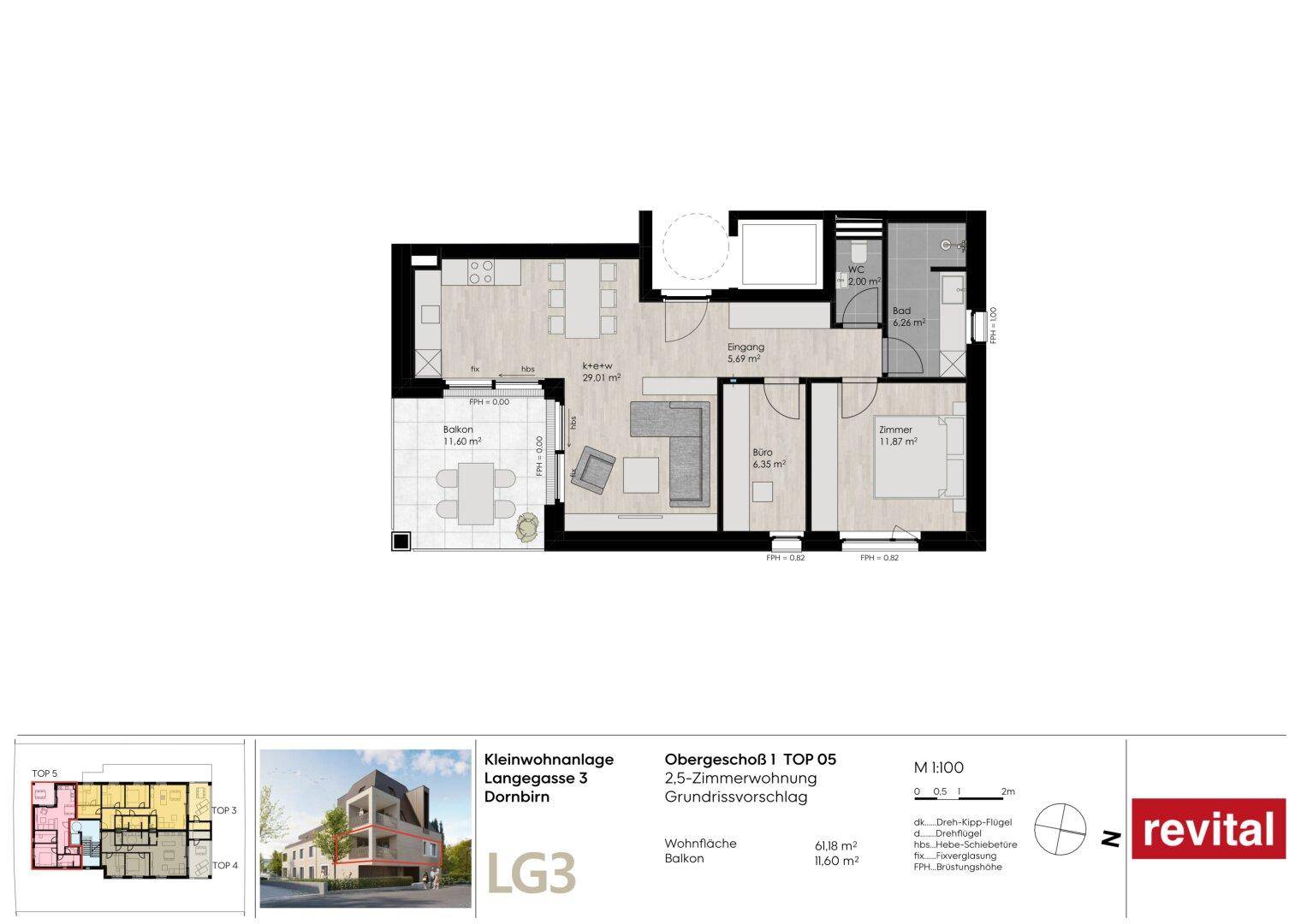 Grundrissvorschlag für eine 2.5-Zimmer-Wohnung im Obergeschoss mit Balkon.
