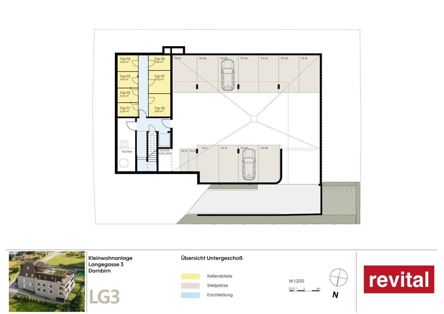 Übersichtsgrundriss des Untergeschosses mit Tiefgaragenstellplätzen und Kellerabteilen.