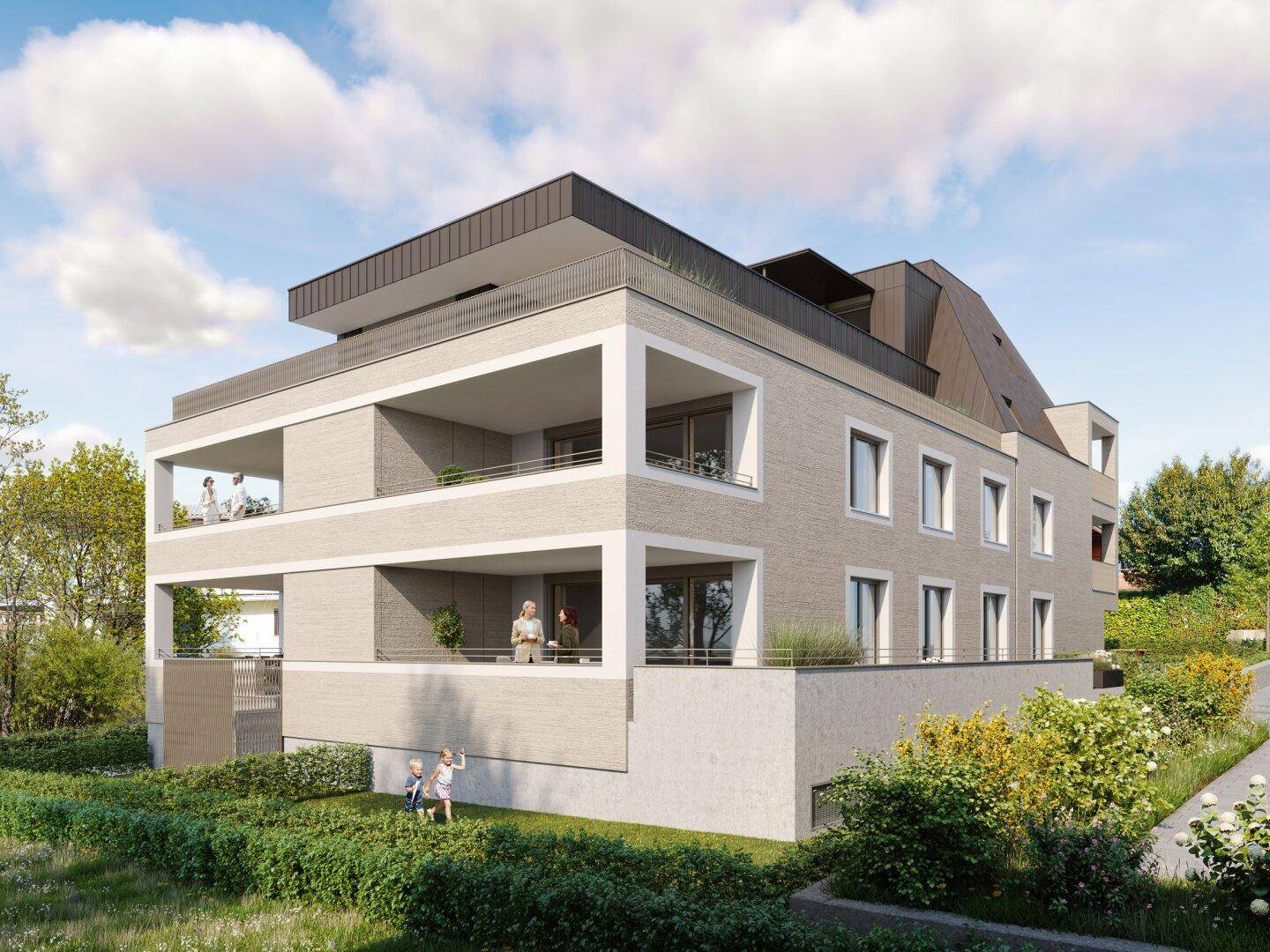 Moderne Architektur des Neubaus mit hellen Fassaden, großzügigen Balkonen und gepflegter Grünanlage.