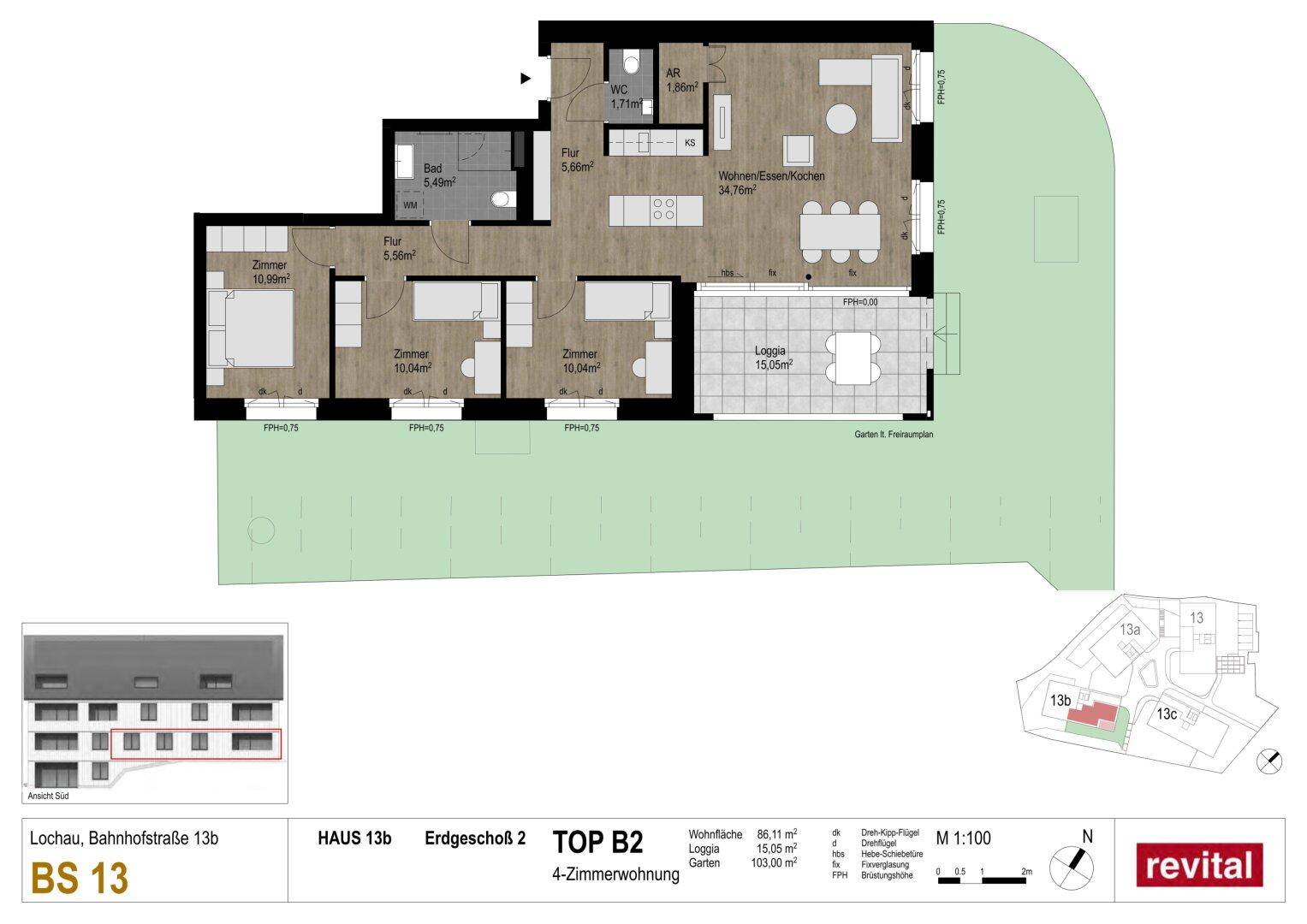 Detaillierter Grundriss der 4-Zimmer-Wohnung Top B2 im Erdgeschoss mit Loggia und Garten.