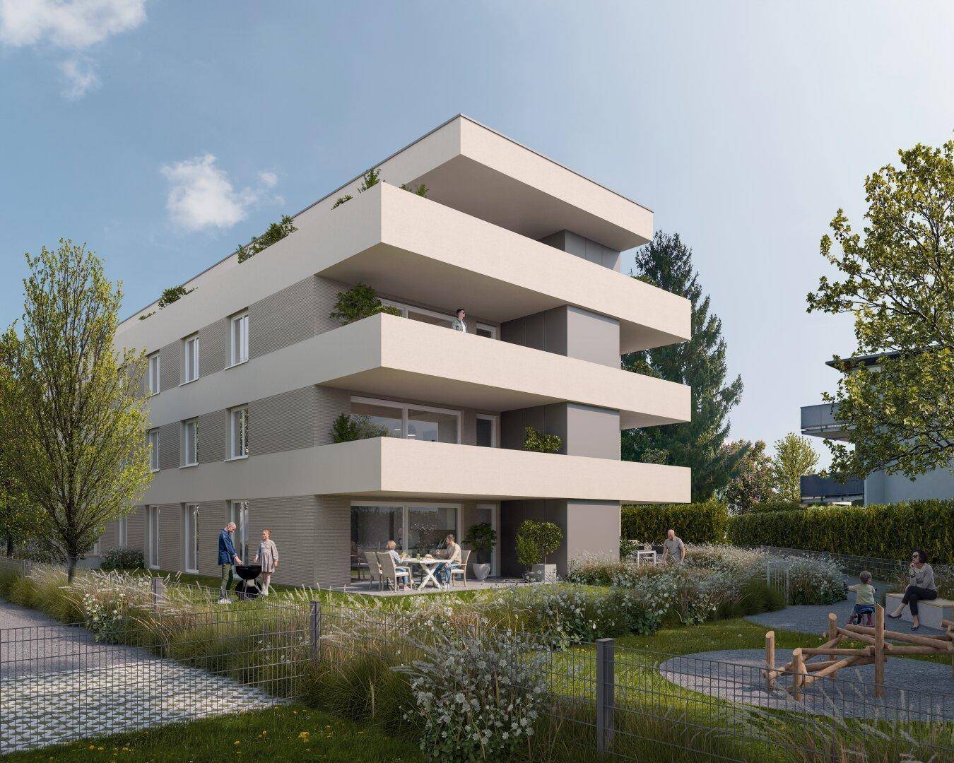 Neubau-Wohngebäude mit modernen Balkonen, Gartenbereich und Kinderspielplatz in grüner Umgebung.