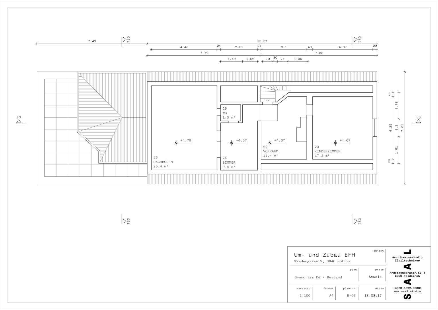 Grundriss des Dachgeschosses mit Zimmern, WC und Kinderzimmer.