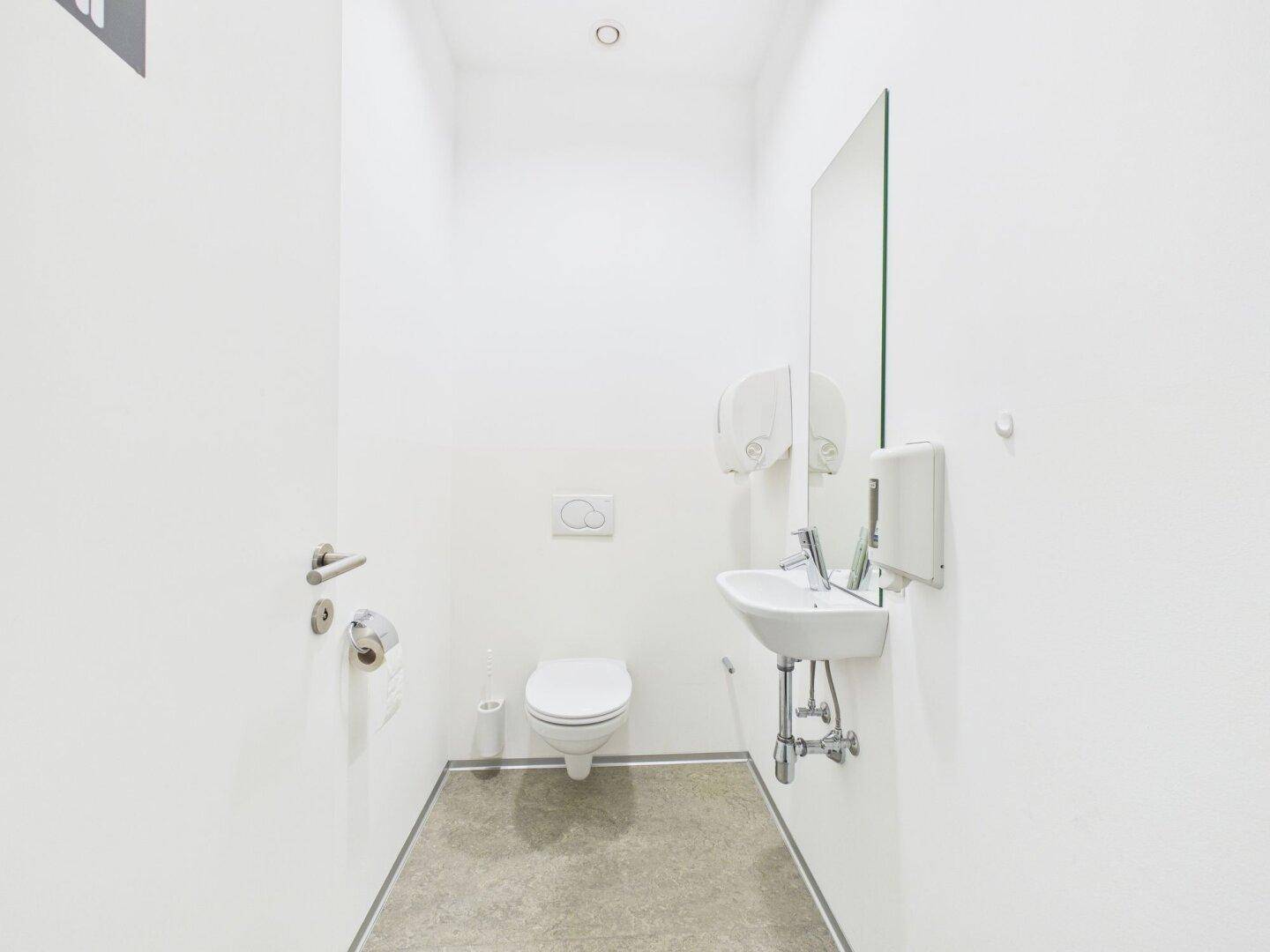 Helle Damentoilette mit WC, Waschbecken und einem Spiegel in modernem Design.