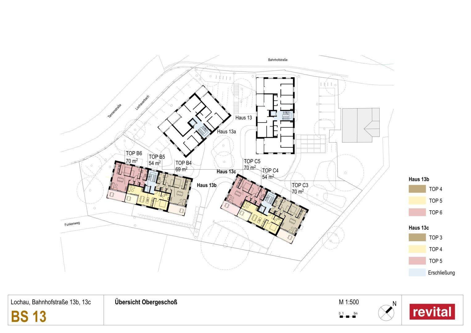 Übersichtsplan des Obergeschosses mit verschiedenen Wohnungstypen und Balkonen.