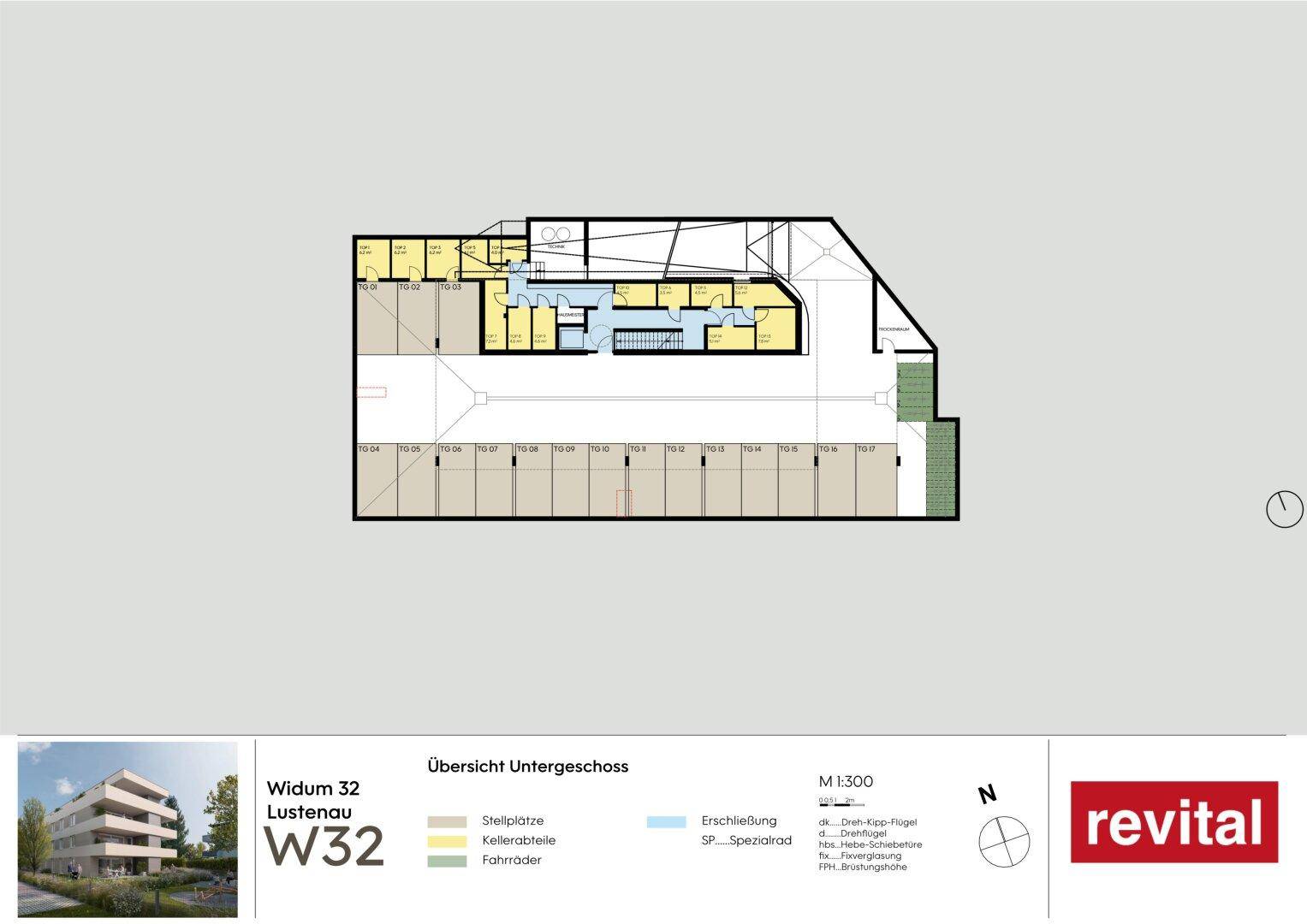 Übersichtsgrundriss des Untergeschosses mit Tiefgarage, Kellerabteilen und Fahrradraum.