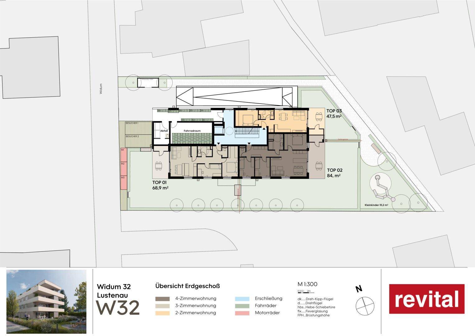 Übersichtsgrundriss des Erdgeschosses mit mehreren Wohnungen, Fahrradraum und Spielplatz im Außenbereich.