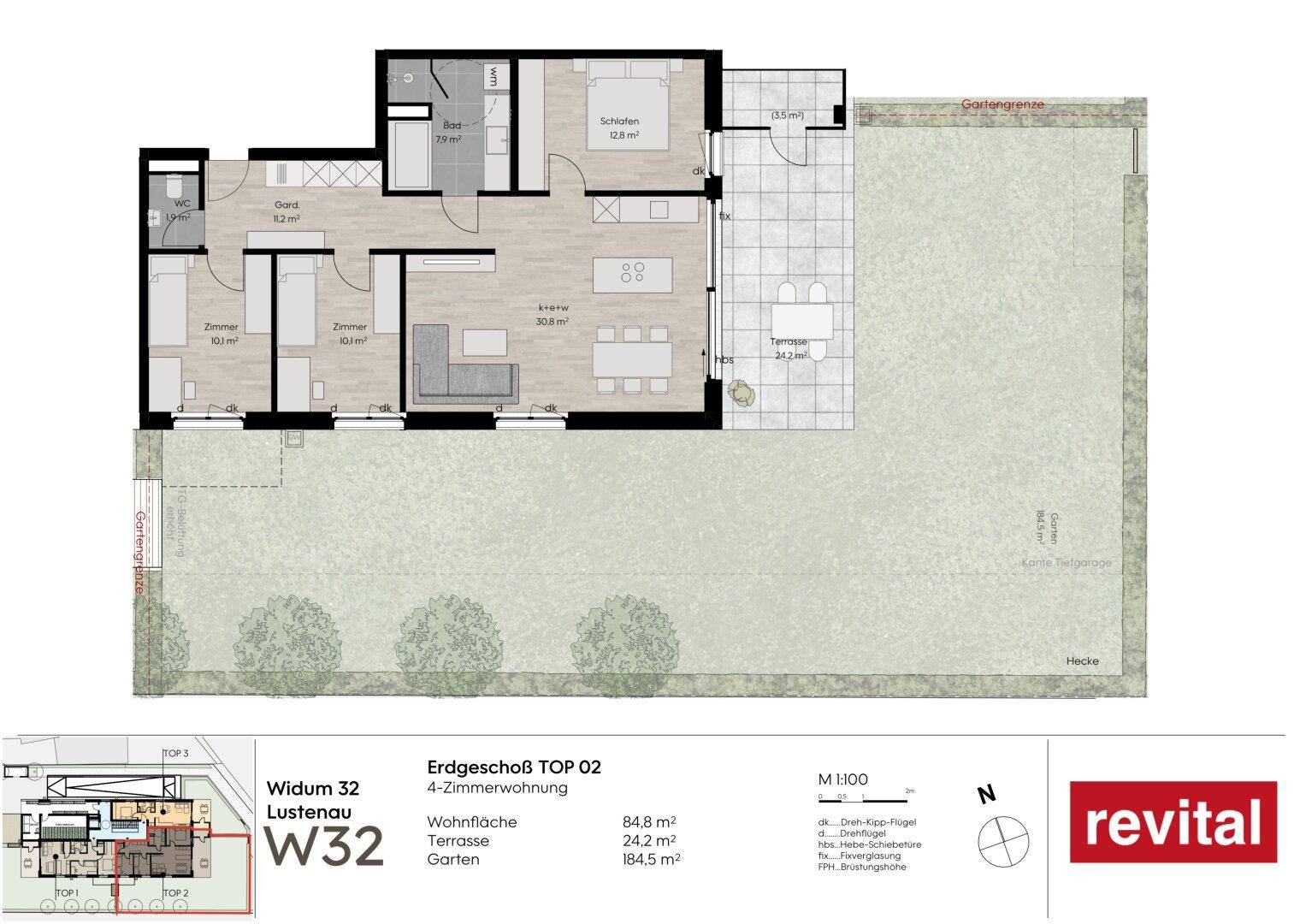 Grundriss einer Erdgeschosswohnung mit drei Zimmern, offener Wohnküche, Terrasse und Garten.