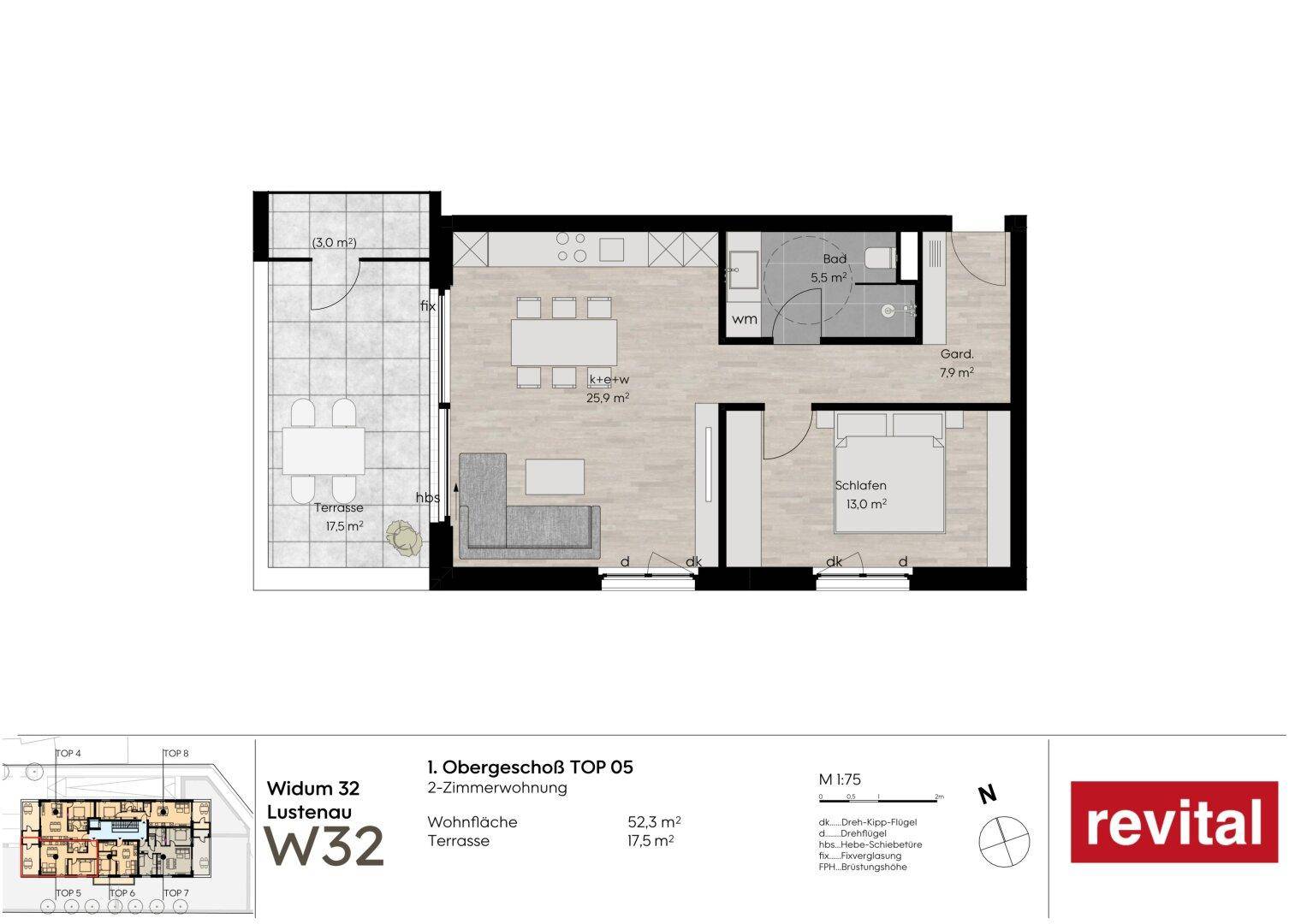 Detaillierter Grundriss einer 2-Zimmer-Wohnung mit offener Wohnküche und großer Terrasse.