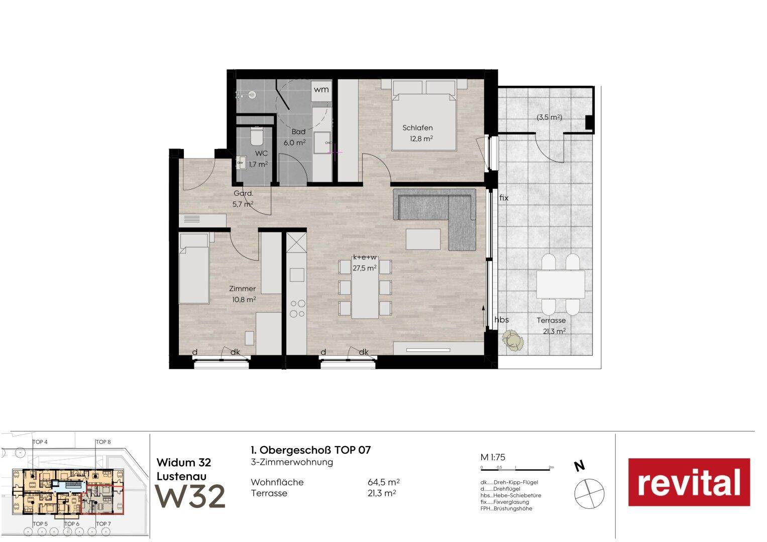 Grundriss der 3-Zimmer-Wohnung Top 07 mit offenem Wohnbereich, Schlafzimmer, Bad und großer Terrasse.