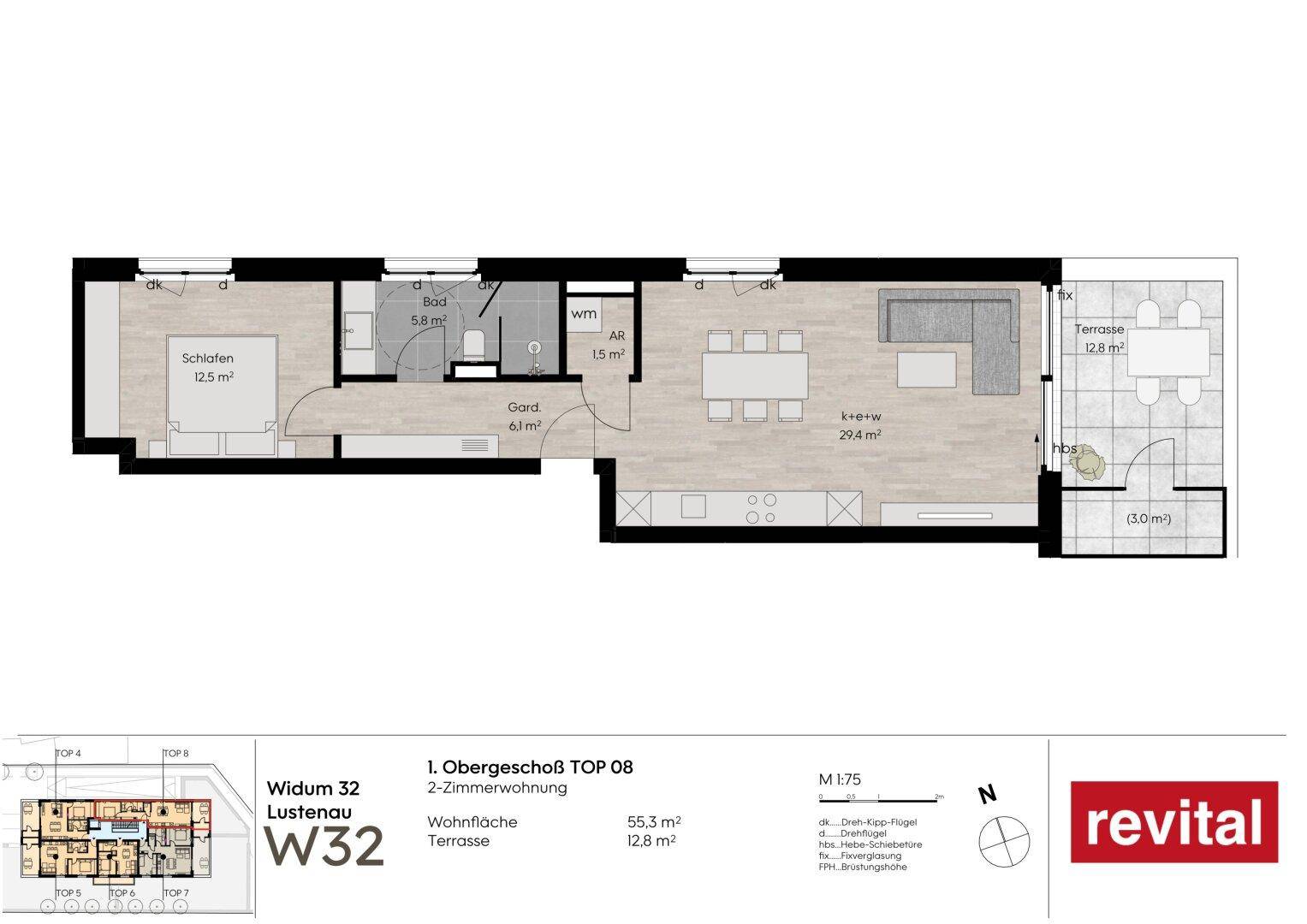 Detaillierter Grundriss einer 2-Zimmer-Wohnung mit Schlafzimmer, Bad, offener Wohnküche und großer Terrasse.
