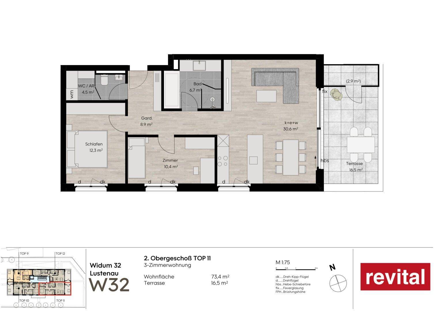 Detaillierter Grundriss einer 3-Zimmer-Wohnung mit offener Wohnküche und großer Terrasse.