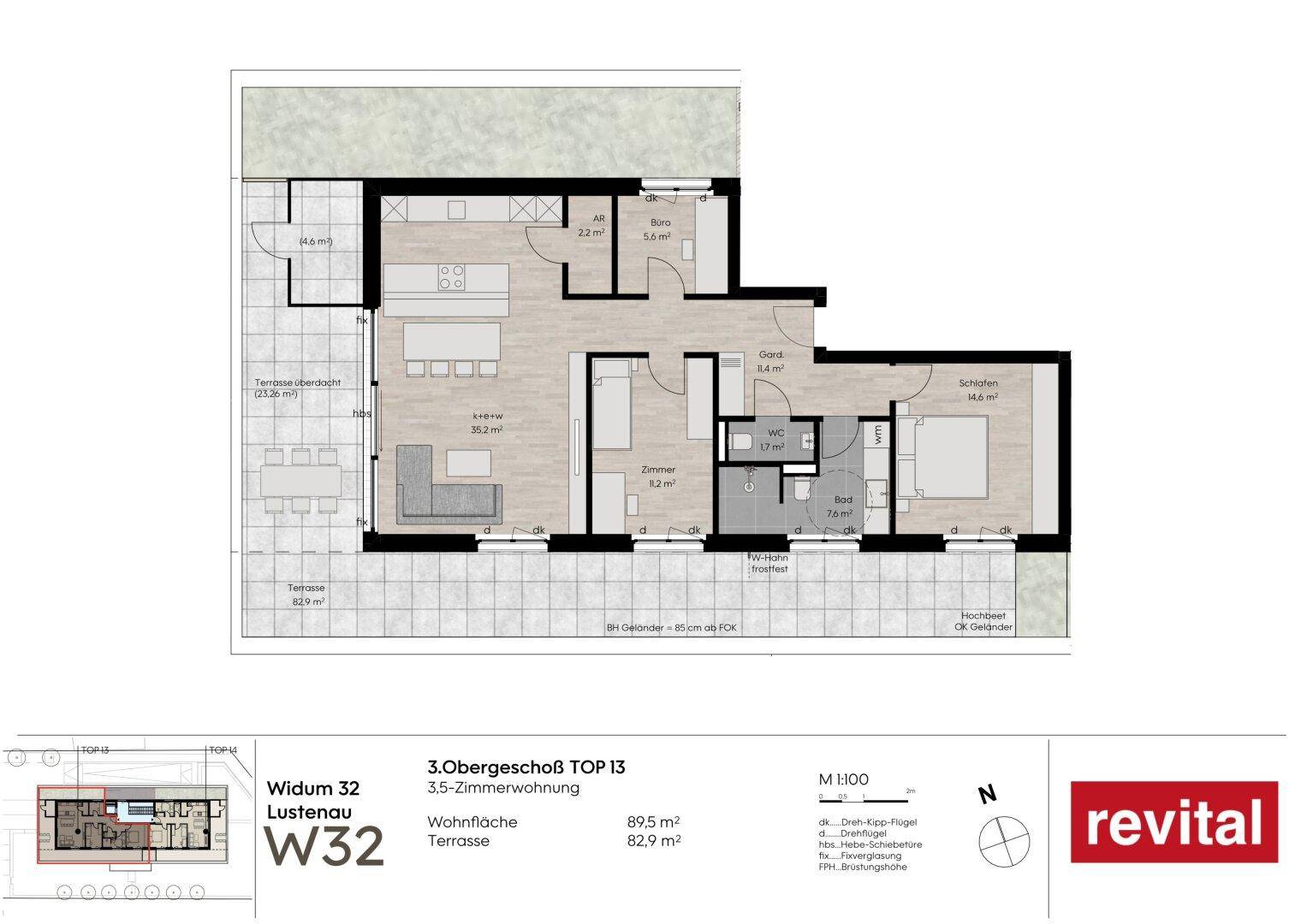Detaillierter Grundriss der 3,5-Zimmer-Wohnung TOP 13 mit großer Terrasse und offenem Wohnbereich.