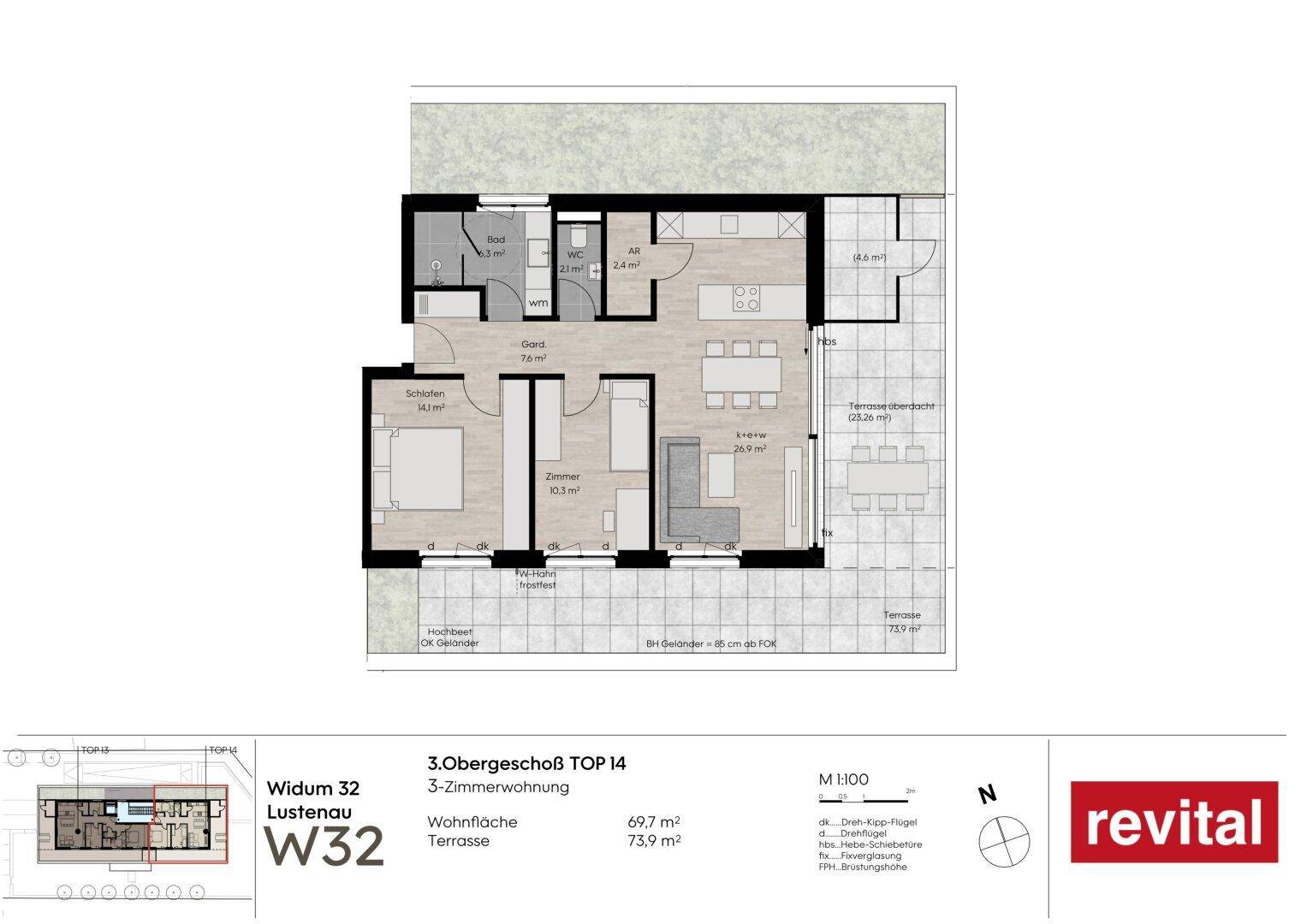 Grundriss der 3-Zimmer-Wohnung Top 14 im 3. Obergeschoss mit großer Terrasse.