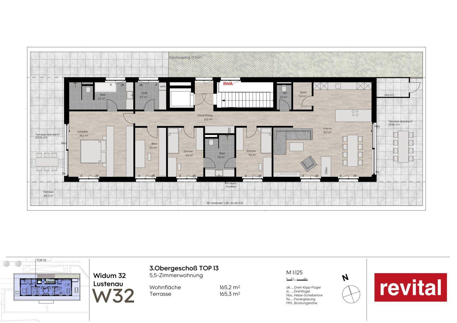 Grundriss der 5,5-Zimmer-Wohnung im 3. Obergeschoss mit großer Terrasse und offenem Wohnbereich.