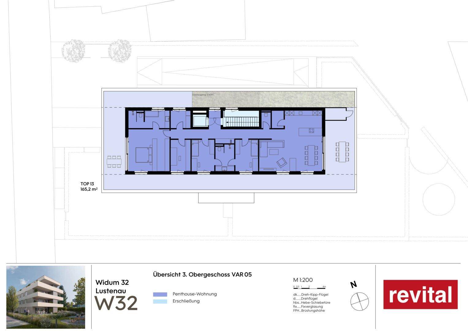Grundriss der Penthouse-Wohnung im 3. Obergeschoss mit großer Dachterrasse und offenem Wohnbereich.